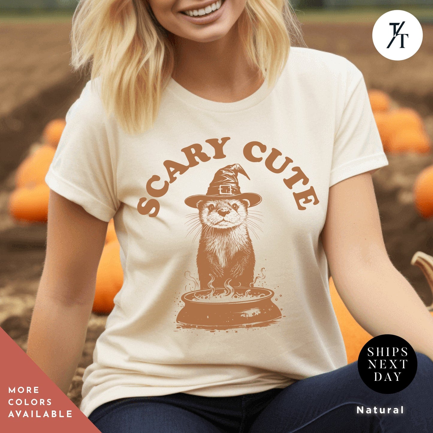 a woman wearing a t - shirt that says scary cute, Funny Otter Shirt, halloween otters tee, Vintage Halloween Gift, witchy shirt, Cute Otter Lover Shirts, Halloween Shirts, Sea Otters Gifts
