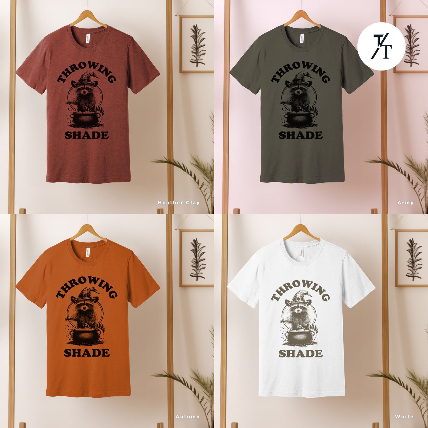 a group of t - shirts hanging on a wall, , Funny halloween Raccoon shirt, Halloween Gifts, Cute Retro Raccoon Tee, Meme Lover, Throwing Shade Tee, Be A Witch tee, Groovy Graphic Tees