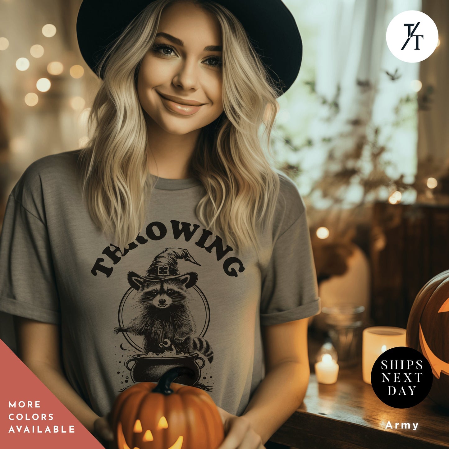 a woman holding a pumpkin in front of a table, , Funny halloween Raccoon shirt, Halloween Gifts, Cute Retro Raccoon Tee, Meme Lover, Throwing Shade Tee, Be A Witch tee, Groovy Graphic Tees