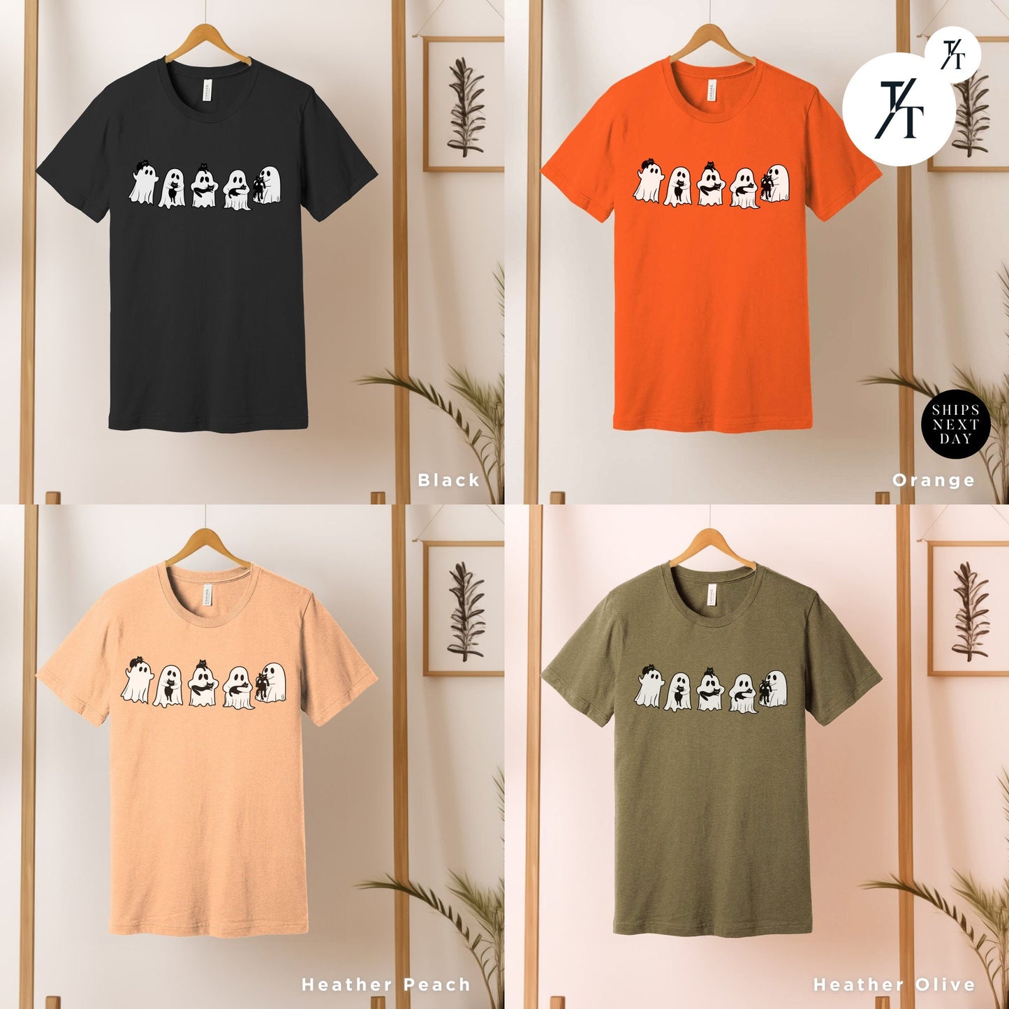 four t - shirts hanging on a wall with a plant in the background, Ghost Holding Black Cat Shirt, Ghost Cat Shirt, Halloween Gift, Halloween Ghosts, Cute Ghosts Shirts, Spooky Season Shirts, Cats Lover tees