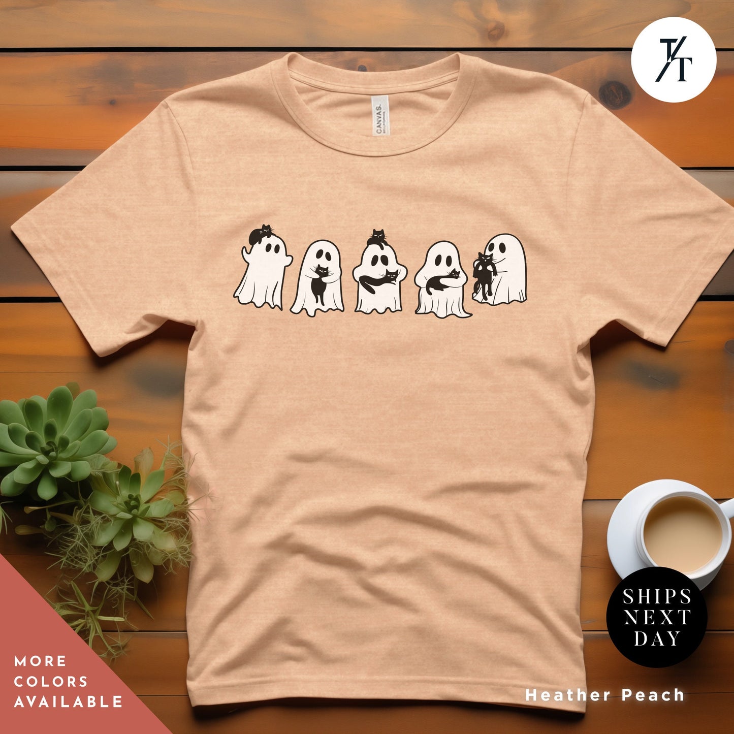 a t - shirt with three ghost faces on it, Ghost Holding Black Cat Shirt, Ghost Cat Shirt, Halloween Gift, Halloween Ghosts, Cute Ghosts Shirts, Spooky Season Shirts, Cats Lover tees