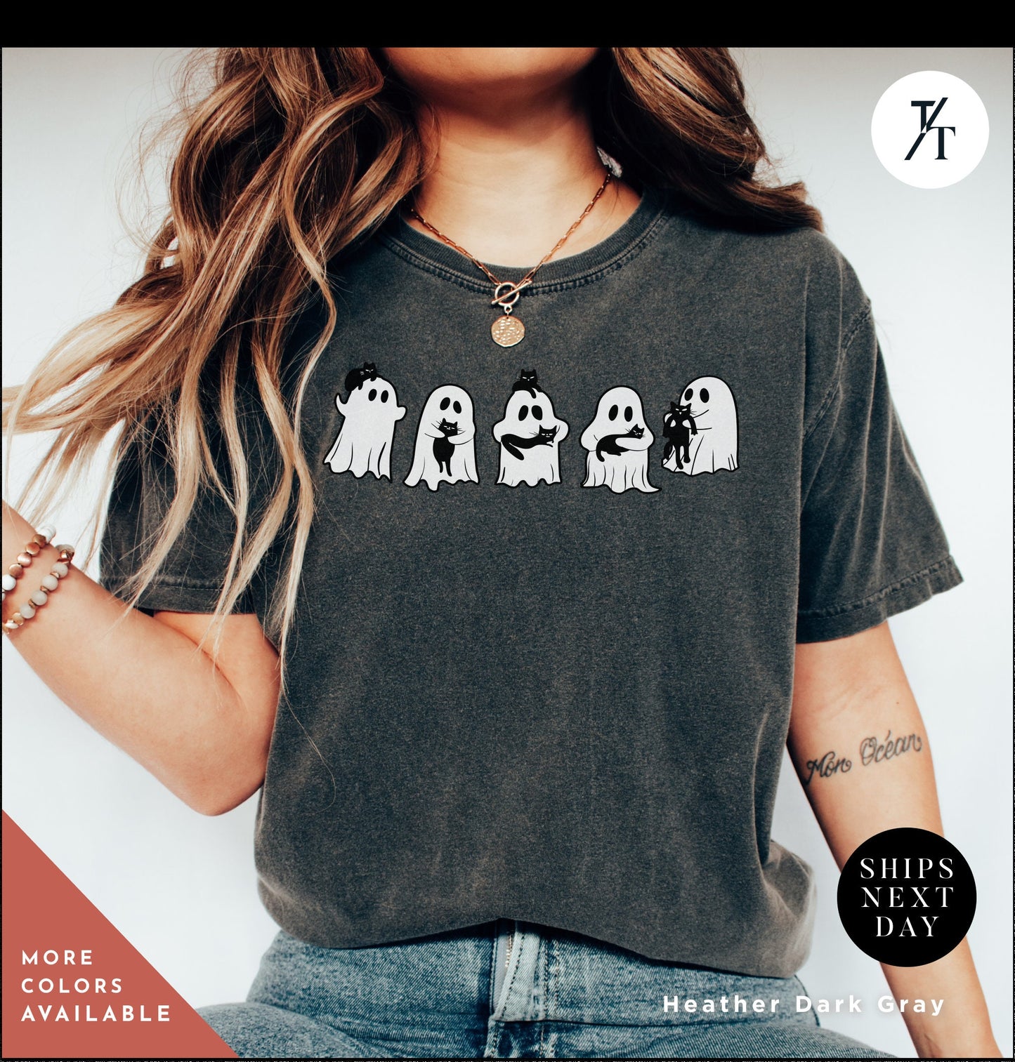 a woman with long hair wearing a black shirt with ghost on it, Ghost Holding Black Cat Shirt, Ghost Cat Shirt, Halloween Gift, Halloween Ghosts, Cute Ghosts Shirts, Spooky Season Shirts, Cats Lover tees