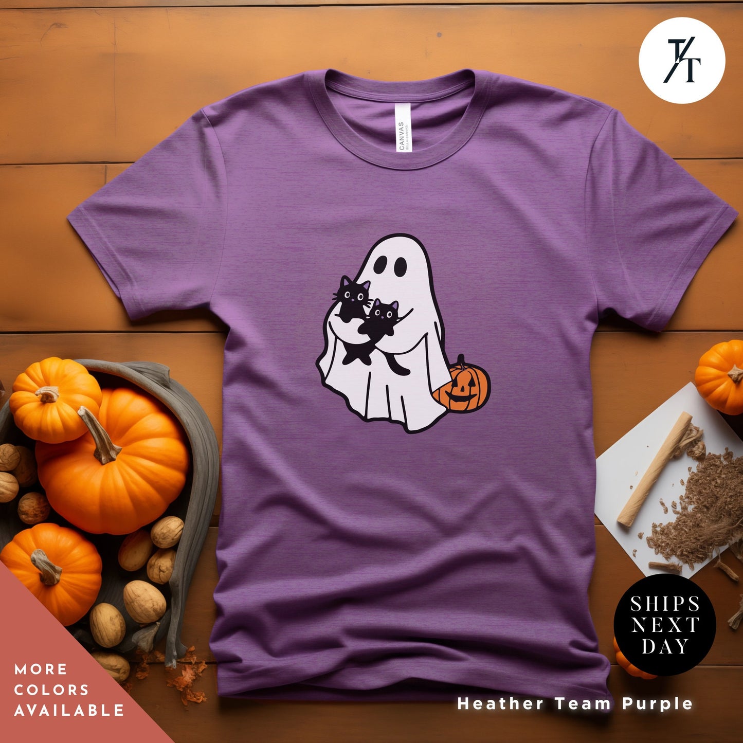 a purple shirt with a ghost holding a pumpkin, Ghost Holding Black Cat Shirt, Ghost Cat Shirt, Halloween Gift, Halloween Ghosts, Cute Ghosts Shirts, Spooky Season Shirts, Cats Lover tees