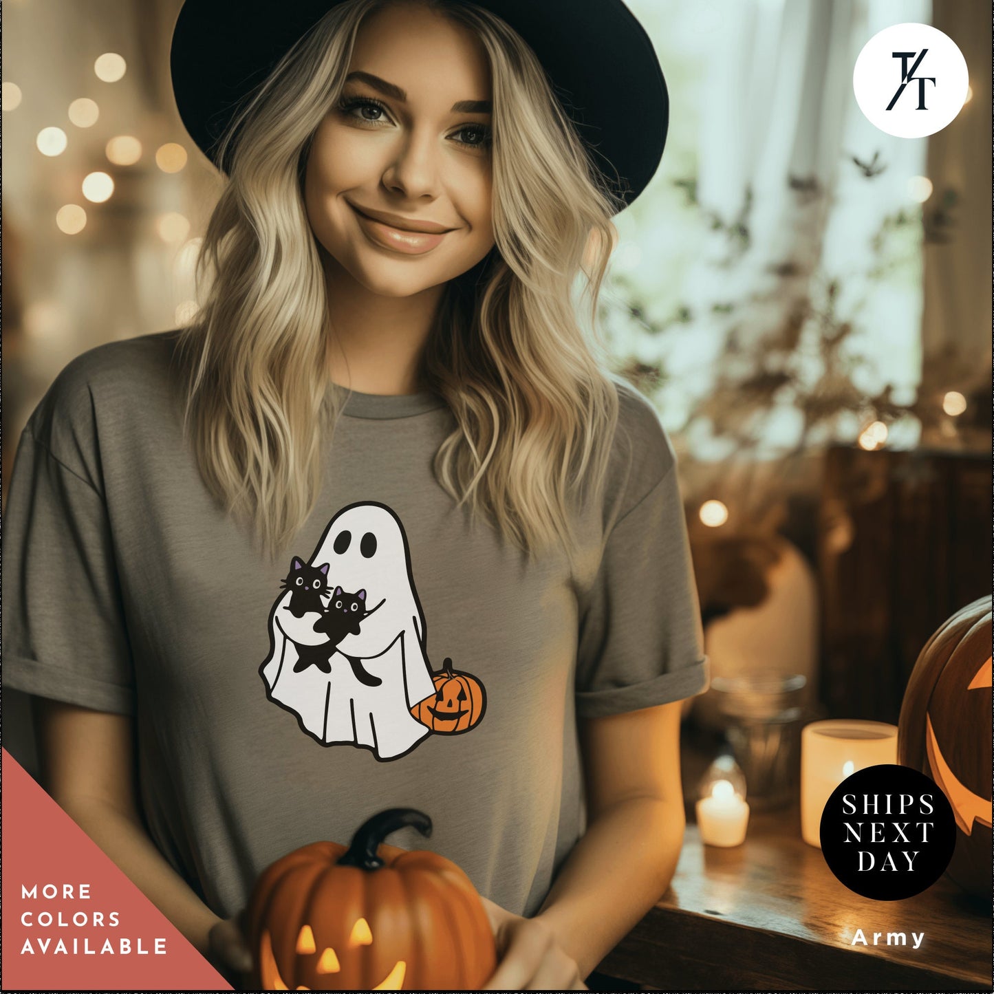 a woman wearing a halloween t - shirt with a ghost on it, Ghost Holding Black Cat Shirt, Ghost Cat Shirt, Halloween Gift, Halloween Ghosts, Cute Ghosts Shirts, Spooky Season Shirts, Cats Lover tees