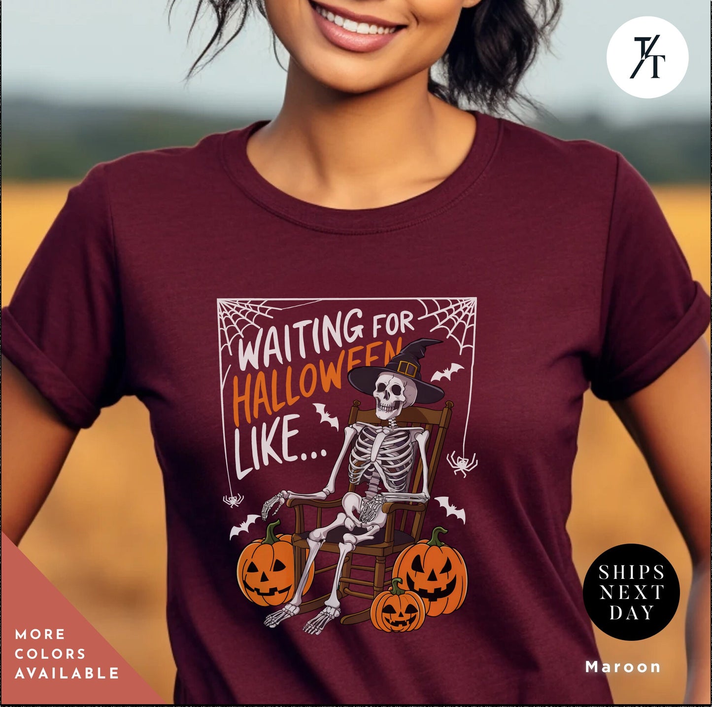 a woman wearing a t - shirt that says waiting for halloween like, Waiting for halloween like shirt halloweentshirt, Skeleton Halloween Adult Humor spooky Season Shirt, Fall Pumpkin tee, Skeleton Bat Witch