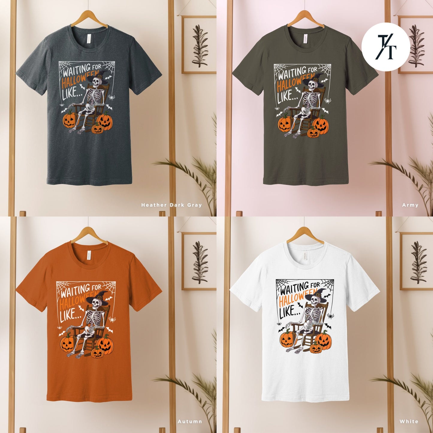 a group of t - shirts hanging on a wall, Waiting for halloween like shirt halloweentshirt, Skeleton Halloween Adult Humor spooky Season Shirt, Fall Pumpkin tee, Skeleton Bat Witch