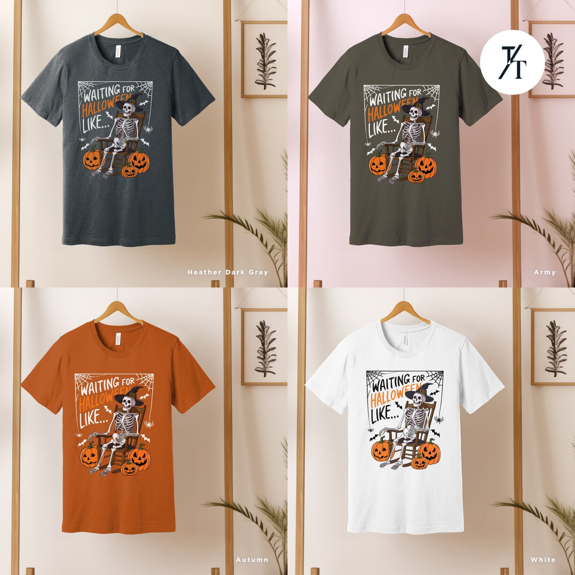 a group of t - shirts hanging on a wall, Waiting for halloween like shirt halloweentshirt, Skeleton Halloween Adult Humor spooky Season Shirt, Fall Pumpkin tee, Skeleton Bat Witch