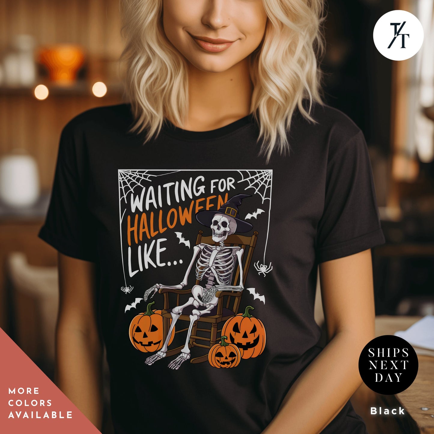 a woman wearing a black shirt with a skeleton on it, Waiting for halloween like shirt halloweentshirt, Skeleton Halloween Adult Humor spooky Season Shirt, Fall Pumpkin tee, Skeleton Bat Witch