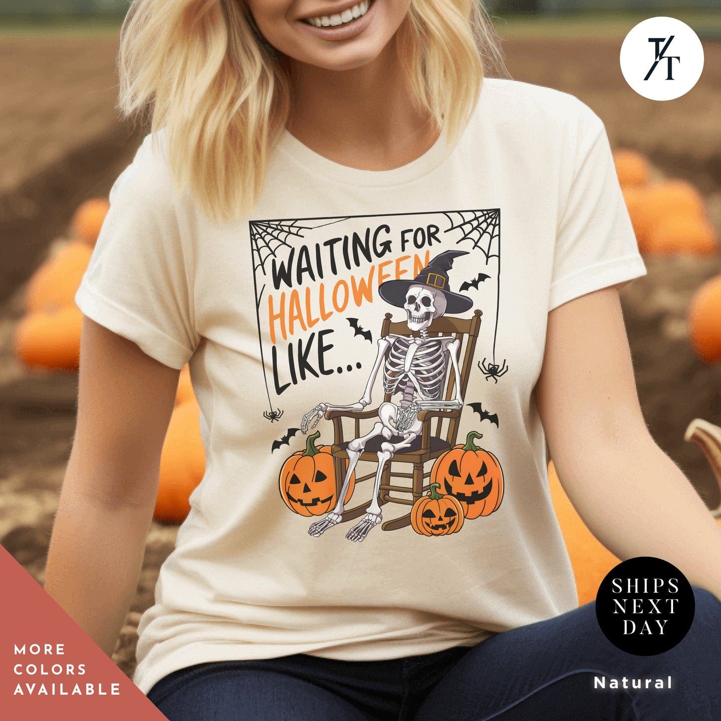 a woman wearing a t - shirt with a skeleton sitting on a chair, Waiting for halloween like shirt halloweentshirt, Skeleton Halloween Adult Humor spooky Season Shirt, Fall Pumpkin tee, Skeleton Bat Witch