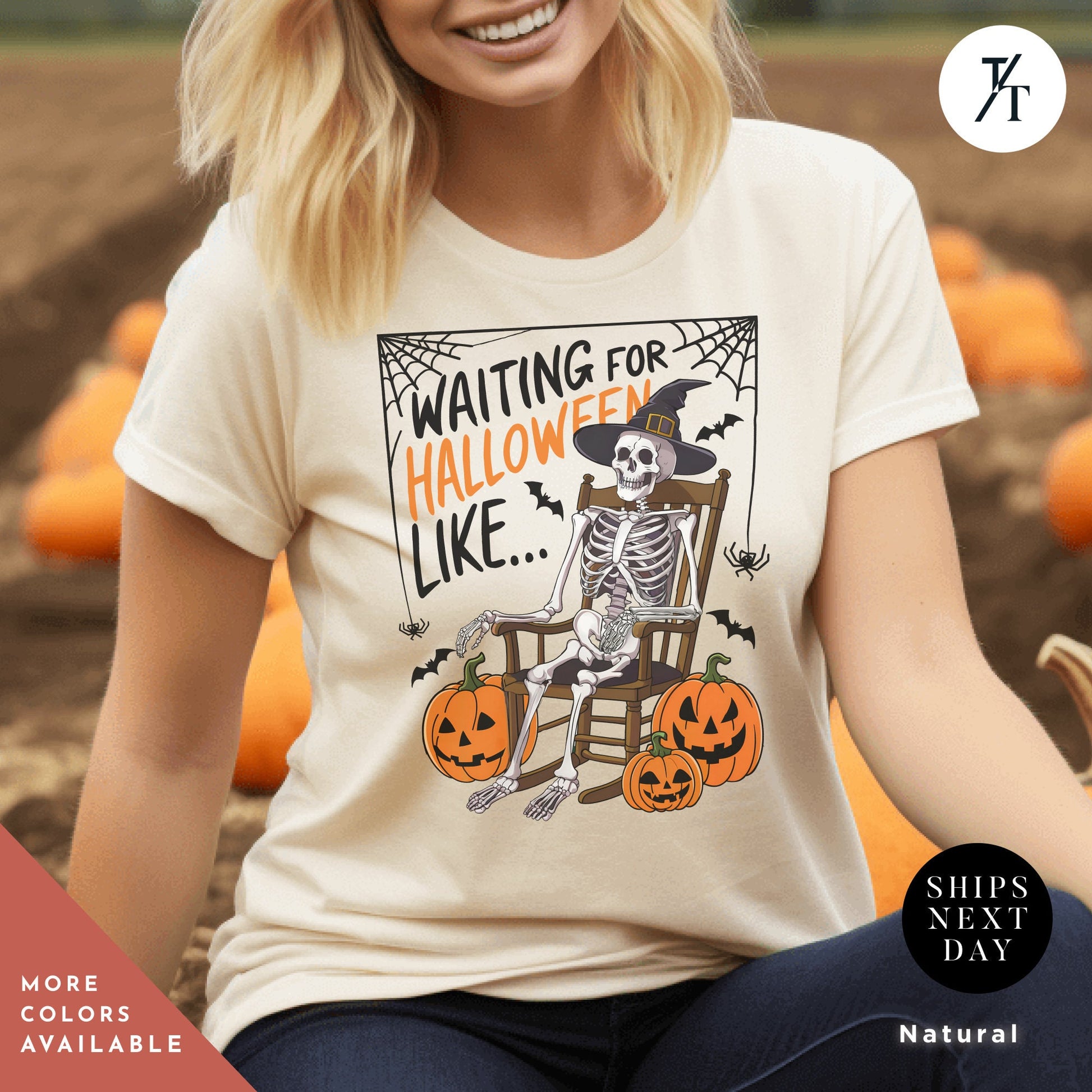 a woman wearing a t - shirt with a skeleton sitting on a chair, Waiting for halloween like shirt halloweentshirt, Skeleton Halloween Adult Humor spooky Season Shirt, Fall Pumpkin tee, Skeleton Bat Witch