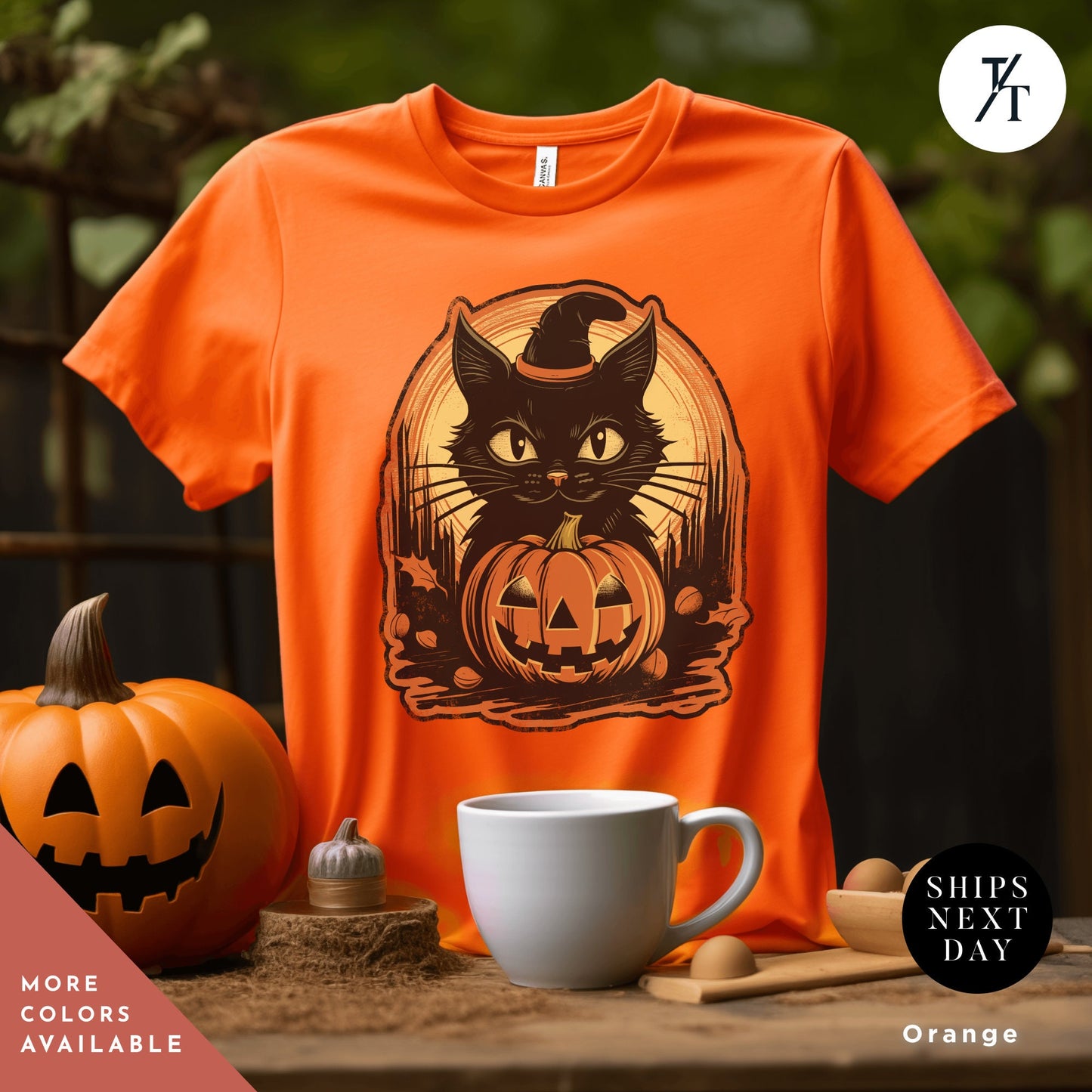 an orange t - shirt with a black cat on it Witch Cat Shirt, Salem Witch Shirt, Vintage Black Cat Halloween shirt, Retro Witch Clothing, spooky season Witchy Cat TShirt halloweenshirt