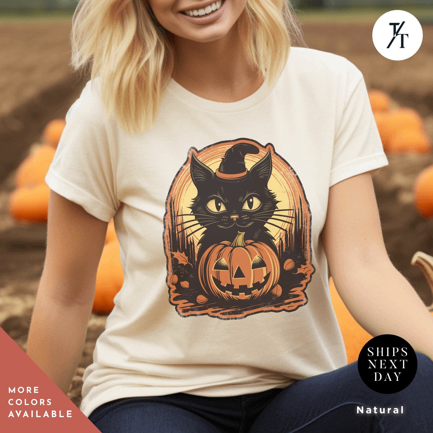 a woman wearing a white shirt with a black cat on it Witch Cat Shirt, Salem Witch Shirt, Vintage Black Cat Halloween shirt, Retro Witch Clothing, spooky season Witchy Cat TShirt halloweenshirt