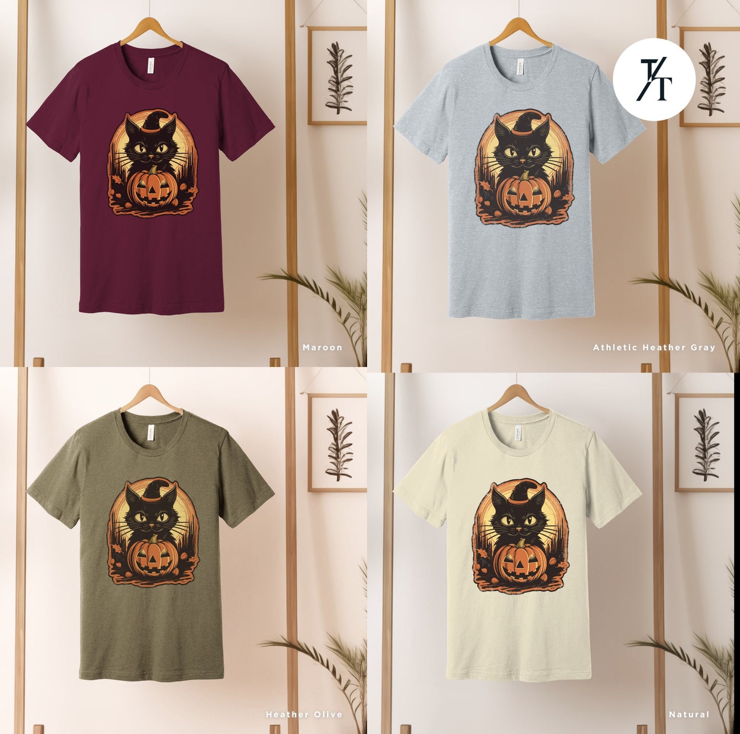 a group of four t - shirts with a cat on them Witch Cat Shirt, Salem Witch Shirt, Vintage Black Cat Halloween shirt, Retro Witch Clothing, spooky season Witchy Cat TShirt halloweenshirt