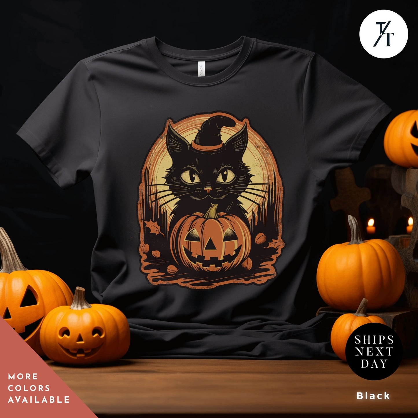 a black cat wearing a witches hat and pumpkins Witch Cat Shirt, Salem Witch Shirt, Vintage Black Cat Halloween shirt, Retro Witch Clothing, spooky season Witchy Cat TShirt halloweenshirt
