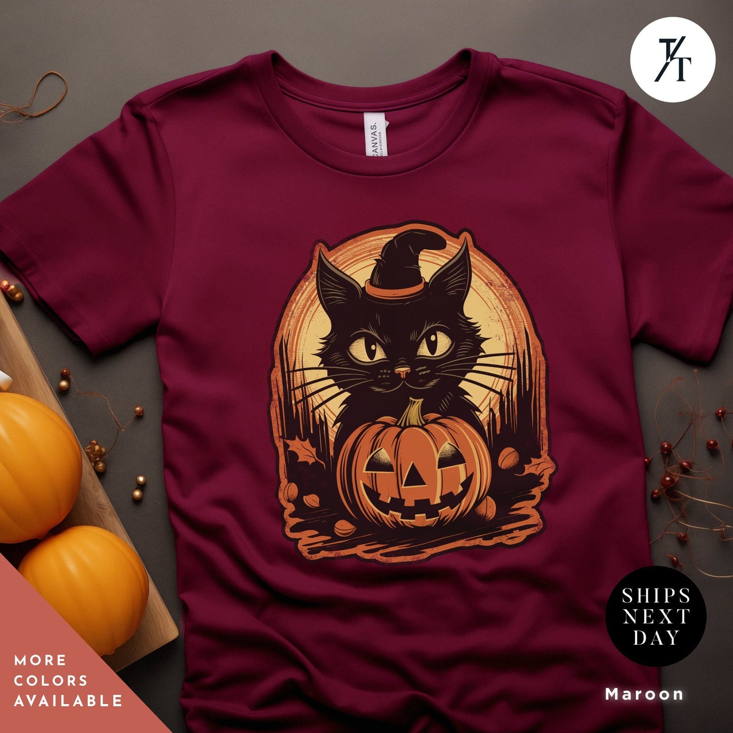 a t - shirt with a black cat wearing a witches hat Witch Cat Shirt, Salem Witch Shirt, Vintage Black Cat Halloween shirt, Retro Witch Clothing, spooky season Witchy Cat TShirt halloweenshirt