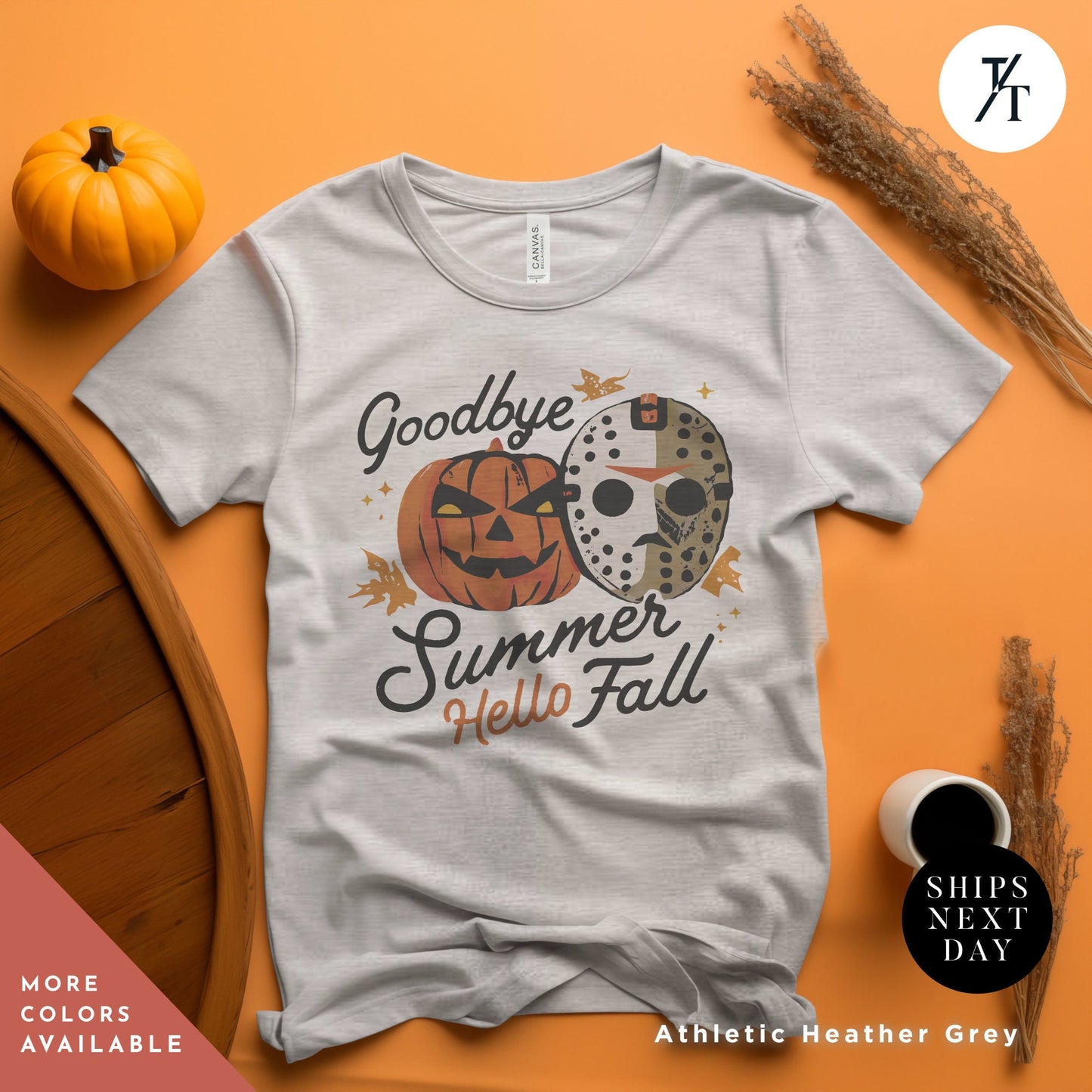a t - shirt with a design of a mask and a pumpkin, Retro halloween crewneck monster t-shirt, Goodbye Summer, Hello Fall halloweentshirt, Michael Myers shirt, Friday The 13Th, Halloween Gift