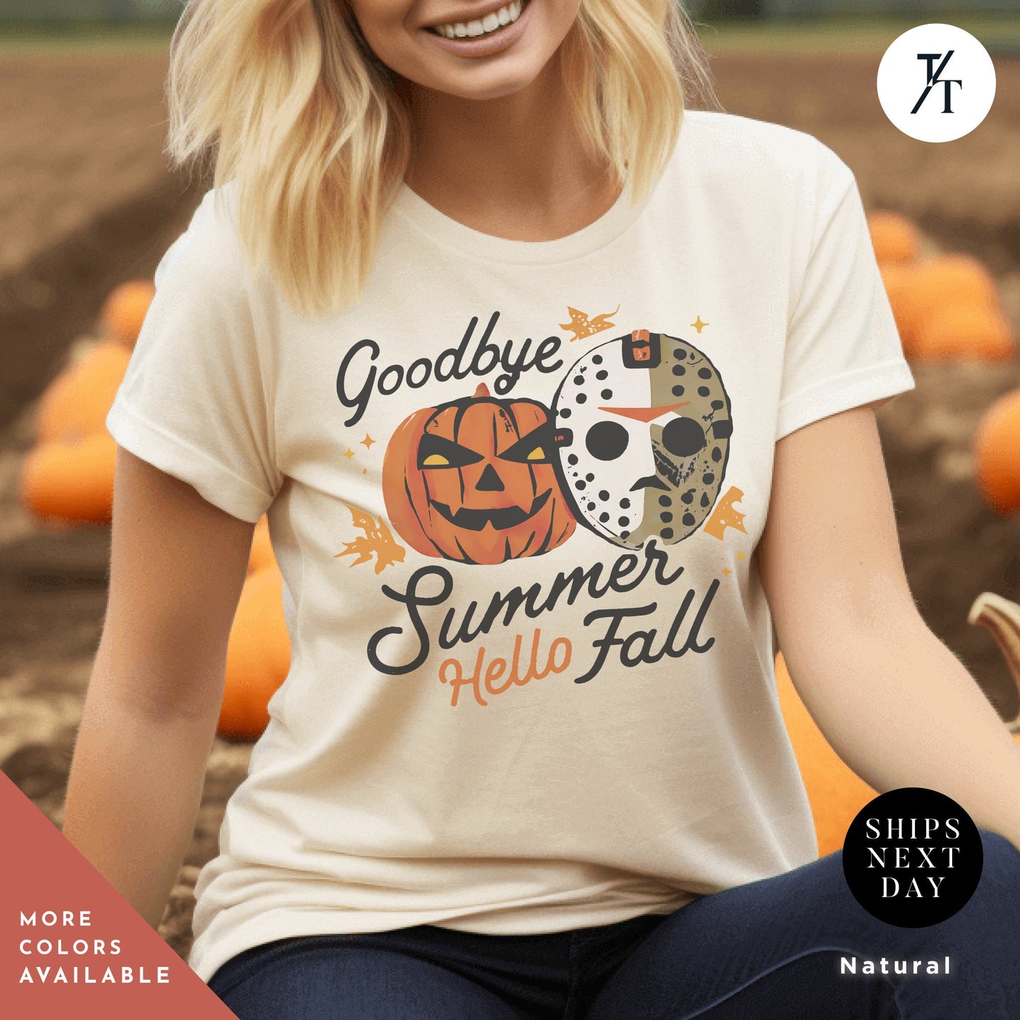 a woman wearing a t - shirt that says goodbye summer hello fall, Retro halloween crewneck monster t-shirt, Goodbye Summer, Hello Fall halloweentshirt, Michael Myers shirt, Friday The 13Th, Halloween Gift