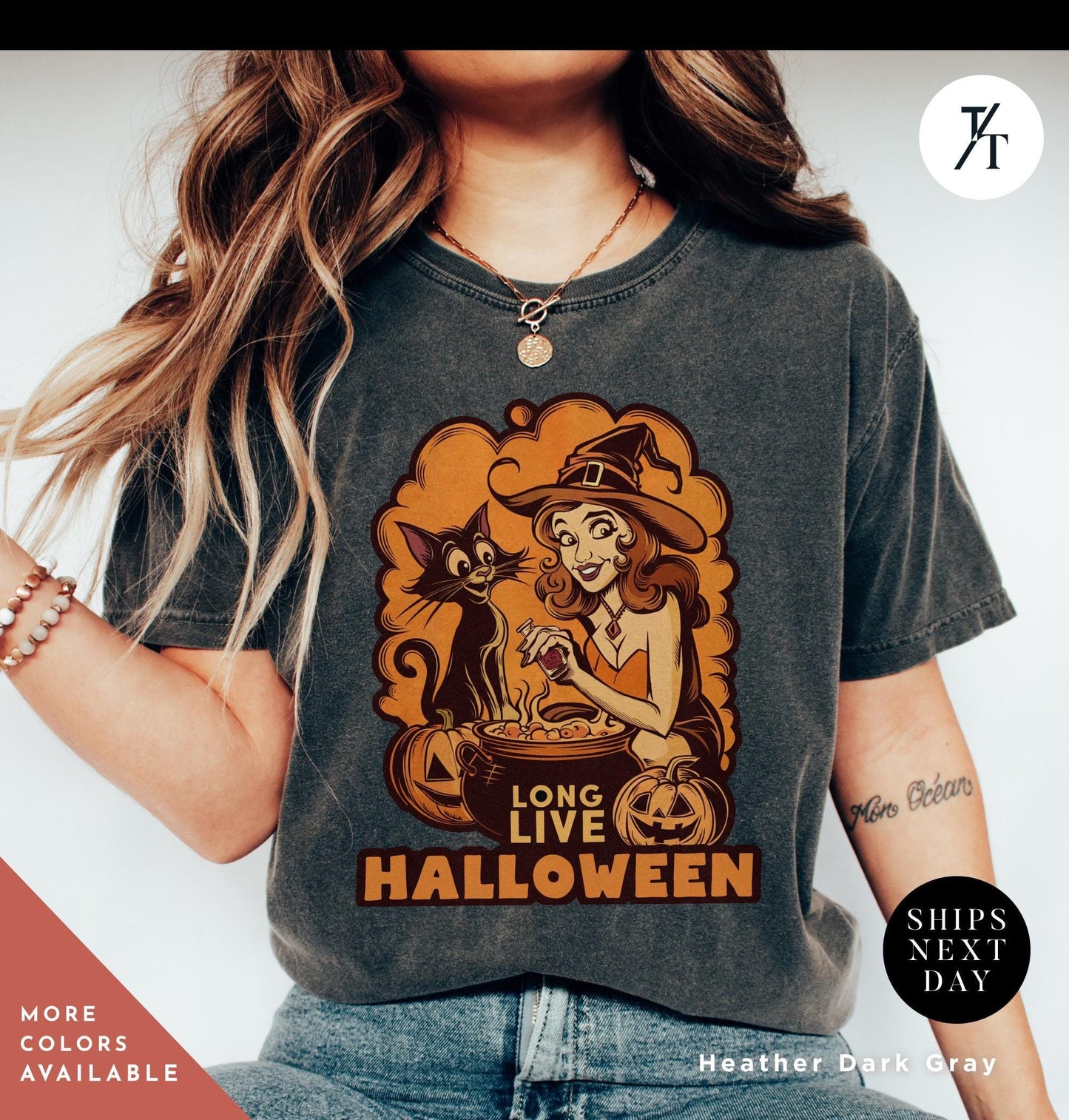 a woman wearing a t - shirt that says live halloween, Long Live Halloween Vintage Halloween Salem Massachusett retro Witch Shirt, Witchy Clothes, Fall Shirt, Salem Witch Shirt, halloweenshirt