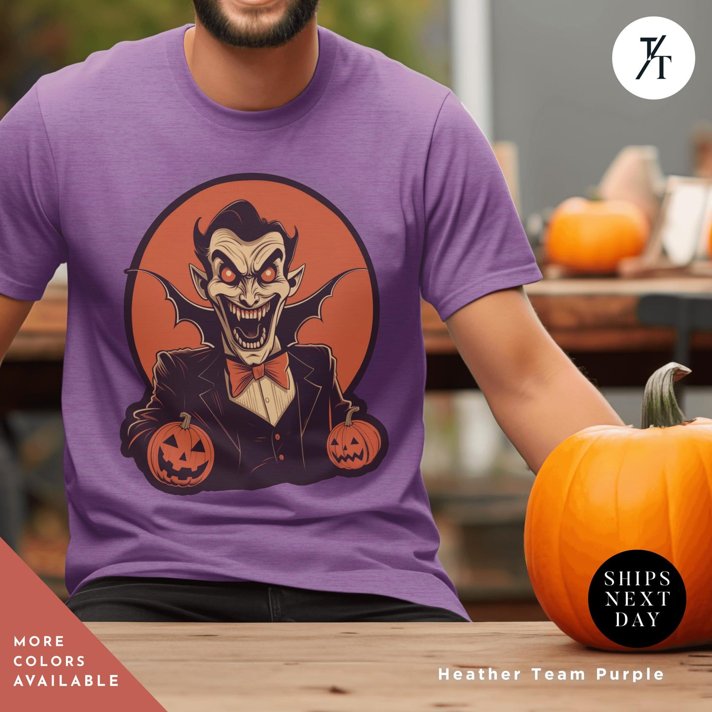 a man wearing a purple shirt with a picture of a Dracula vampire, Vintage Halloween shirt, long live halloween Vampire Teeth Shirt, Dracula Flow Tshirt, vampire fangs, Monster Mash Tee, Retro Monster Tee