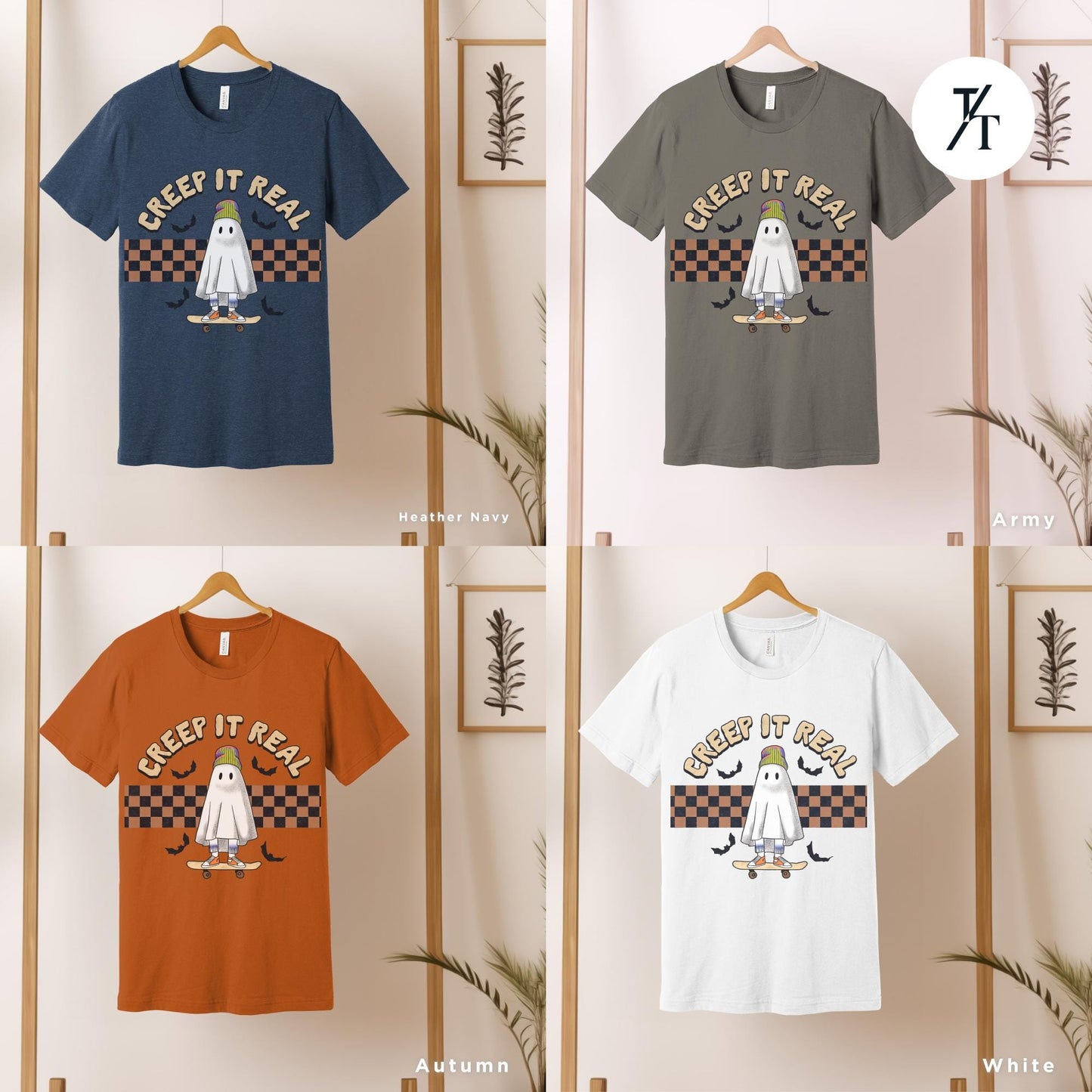 four different t - shirts hanging on a rack Retro Halloween Cute Ghost Shirt, Creeping It Real, Vintage Halloween Tee, Spooky Season, Funny Halloween Gift, Oversized Women's Crewneck