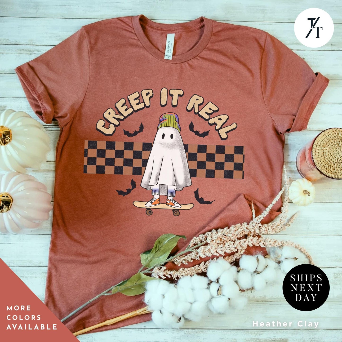 a t - shirt with a picture of a ghost riding a skateboard Retro Halloween Cute Ghost Shirt, Creeping It Real, Vintage Halloween Tee, Spooky Season, Funny Halloween Gift, Oversized Women's Crewneck
