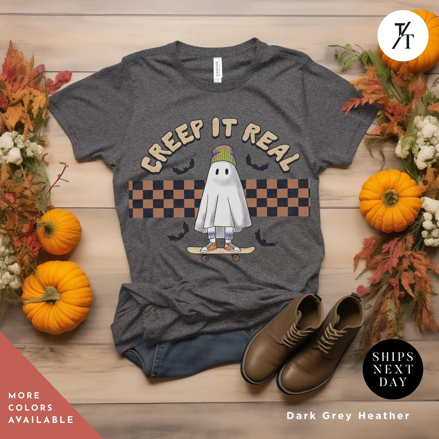 a t - shirt with a picture of a ghost riding a skateboard, Retro Halloween Cute Ghost Shirt, Creeping It Real, Vintage Halloween Tee, Spooky Season, Funny Halloween Gift, Oversized Women's Crewneck