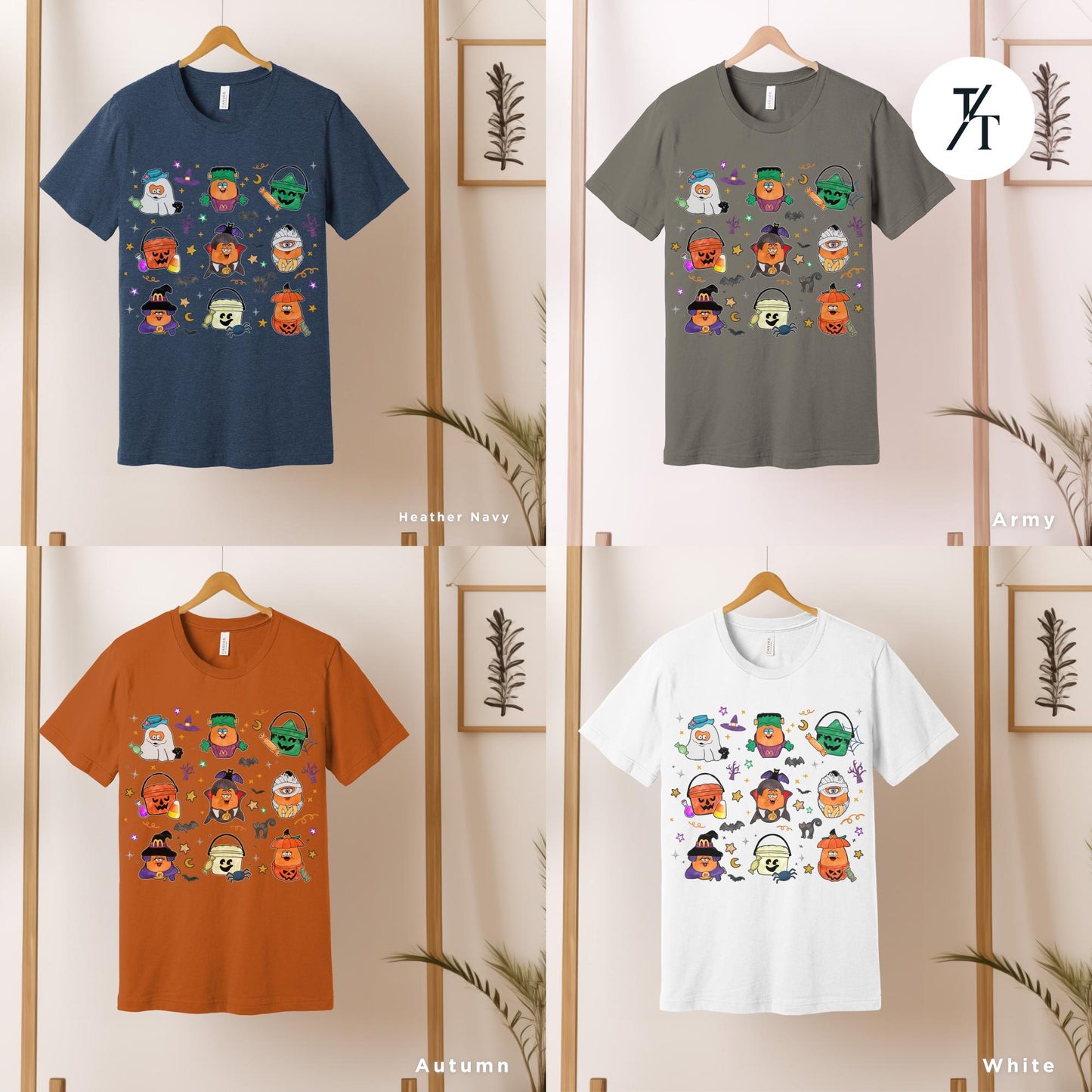a group of t - shirts hanging on a wall, Halloween Nuggets Shirt, Retro Halloween Tee, Vintage Scary Halloween, Chicken Nugget Lover Gift, 80s Kids Throwback, Spooky Season Shirt