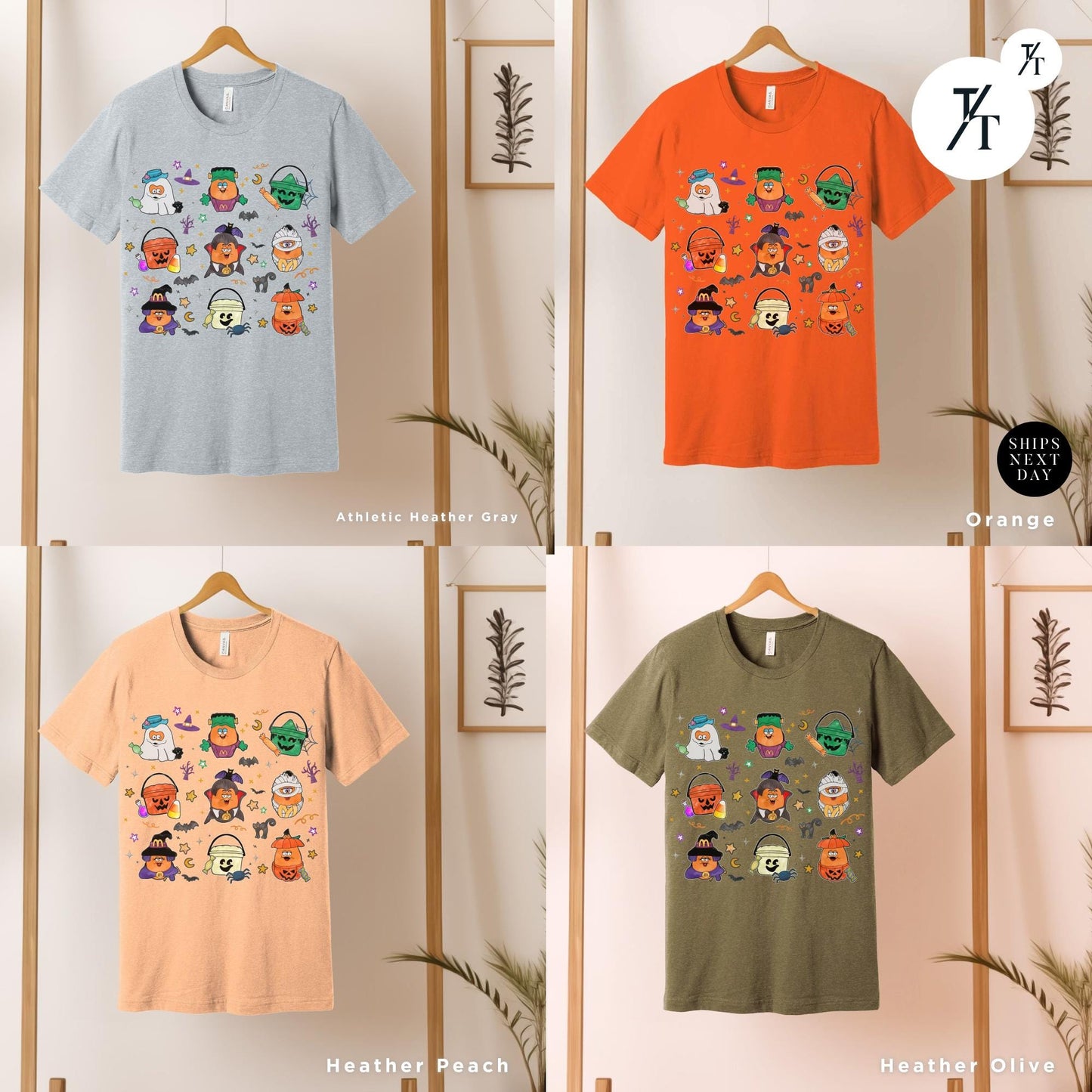 a group of t - shirts hanging on a wall, Halloween Nuggets Shirt, Retro Halloween Tee, Vintage Scary Halloween, Chicken Nugget Lover Gift, 80s Kids Throwback, Spooky Season Shirt