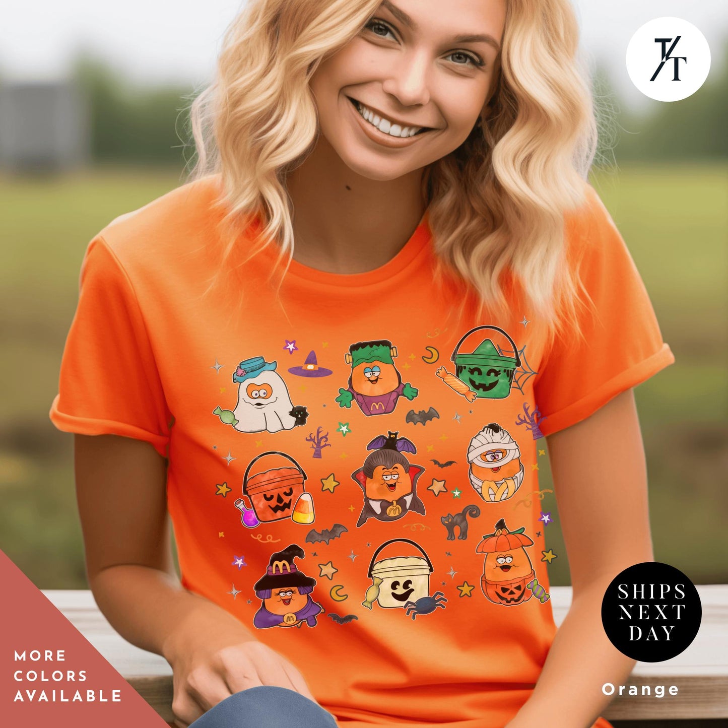 a woman sitting on a bench wearing an orange shirt, Halloween Nuggets Shirt, Retro Halloween Tee, Vintage Scary Halloween, Chicken Nugget Lover Gift, 80s Kids Throwback, Spooky Season Shirt