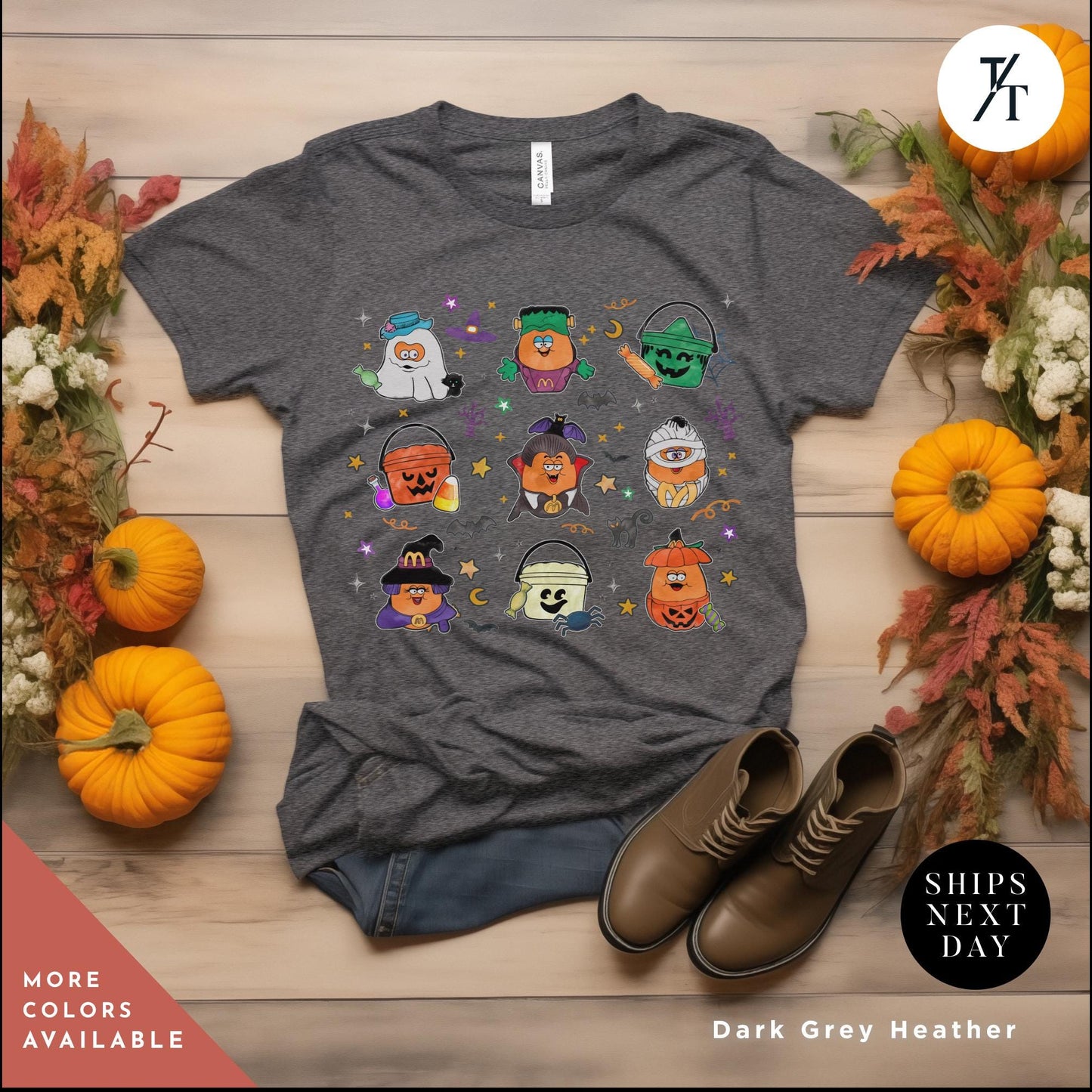 a t - shirt with a bunch of halloween characters on it, Halloween Nuggets Shirt, Retro Halloween Tee, Vintage Scary Halloween, Chicken Nugget Lover Gift, 80s Kids Throwback, Spooky Season Shirt
