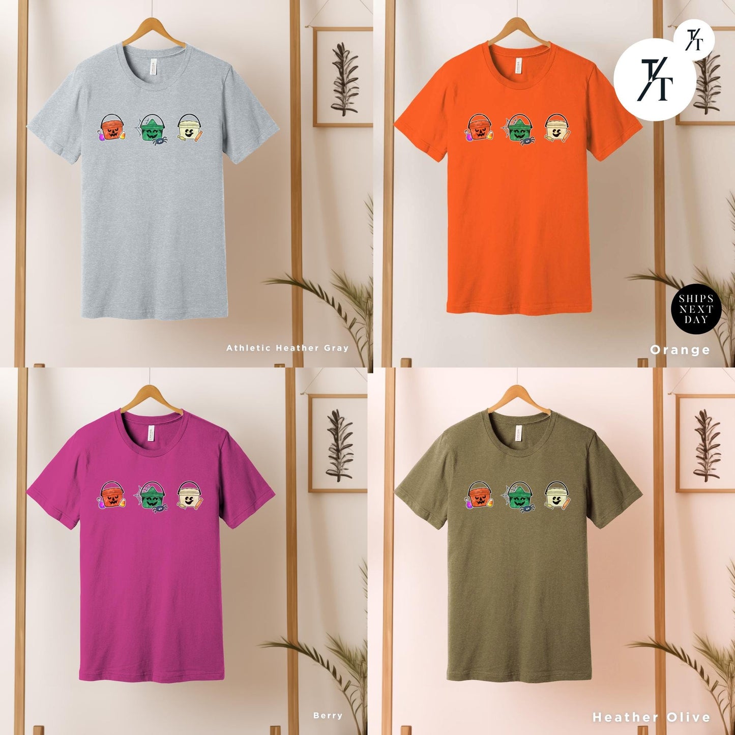 a group of four t - shirts hanging on a wall, Retro Halloween Witch Ghost Pumpkin Boo Bucket Shirt, Vintage Halloween Crewneck, Cute Spooky Season Shirt, McDonald's Boo Bucket Gift,
