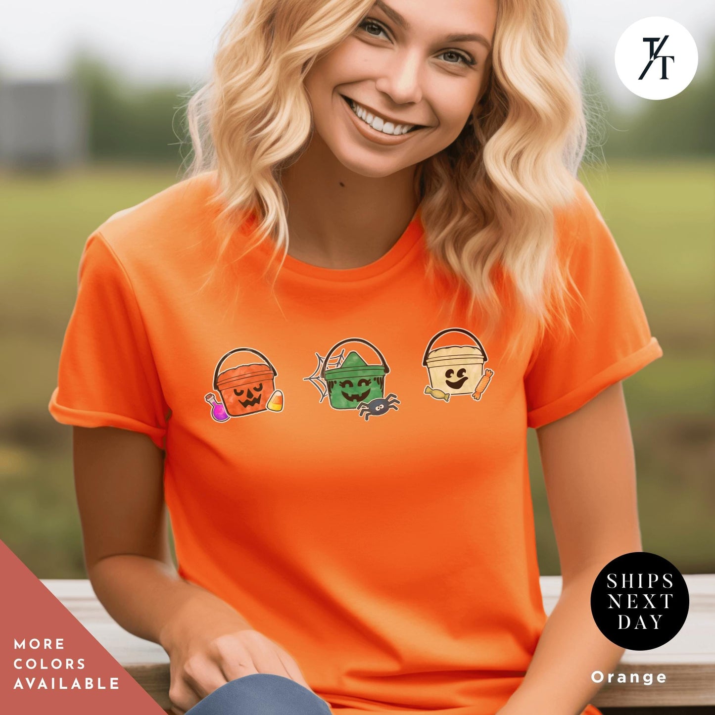 a woman sitting on a bench wearing an orange shirt, Retro Halloween Witch Ghost Pumpkin Boo Bucket Shirt, Vintage Halloween Crewneck, Cute Spooky Season Shirt, McDonald's Boo Bucket Gift,