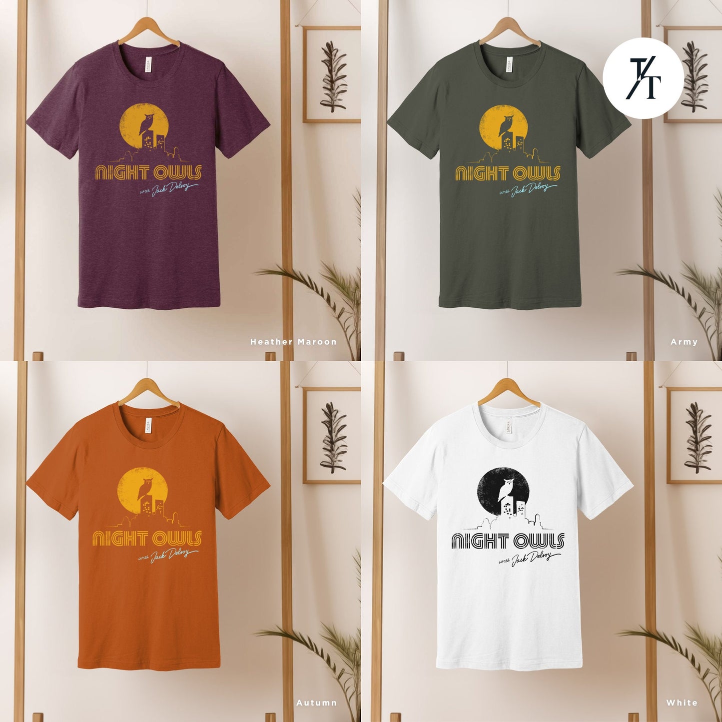 four different t - shirts hanging on a rack, Late Night with the Devil Shirt, halloween devil t shirt, Jack Delroy, Horror Movie Tee, David Dastmalchian, Night Owl tee, Halloween Tshirt