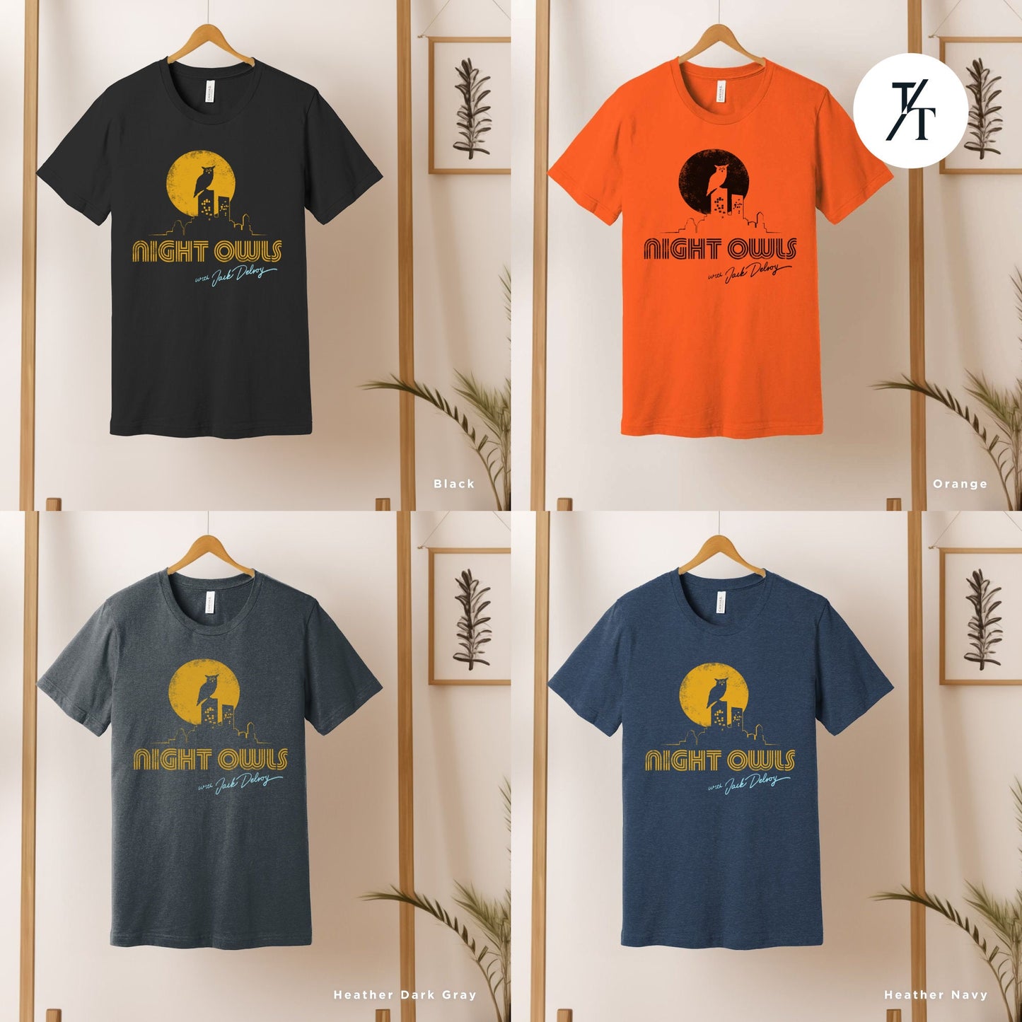 four different t - shirts hanging on a wall, Late Night with the Devil Shirt, halloween devil t shirt, Jack Delroy, Horror Movie Tee, David Dastmalchian, Night Owl tee, Halloween Tshirt