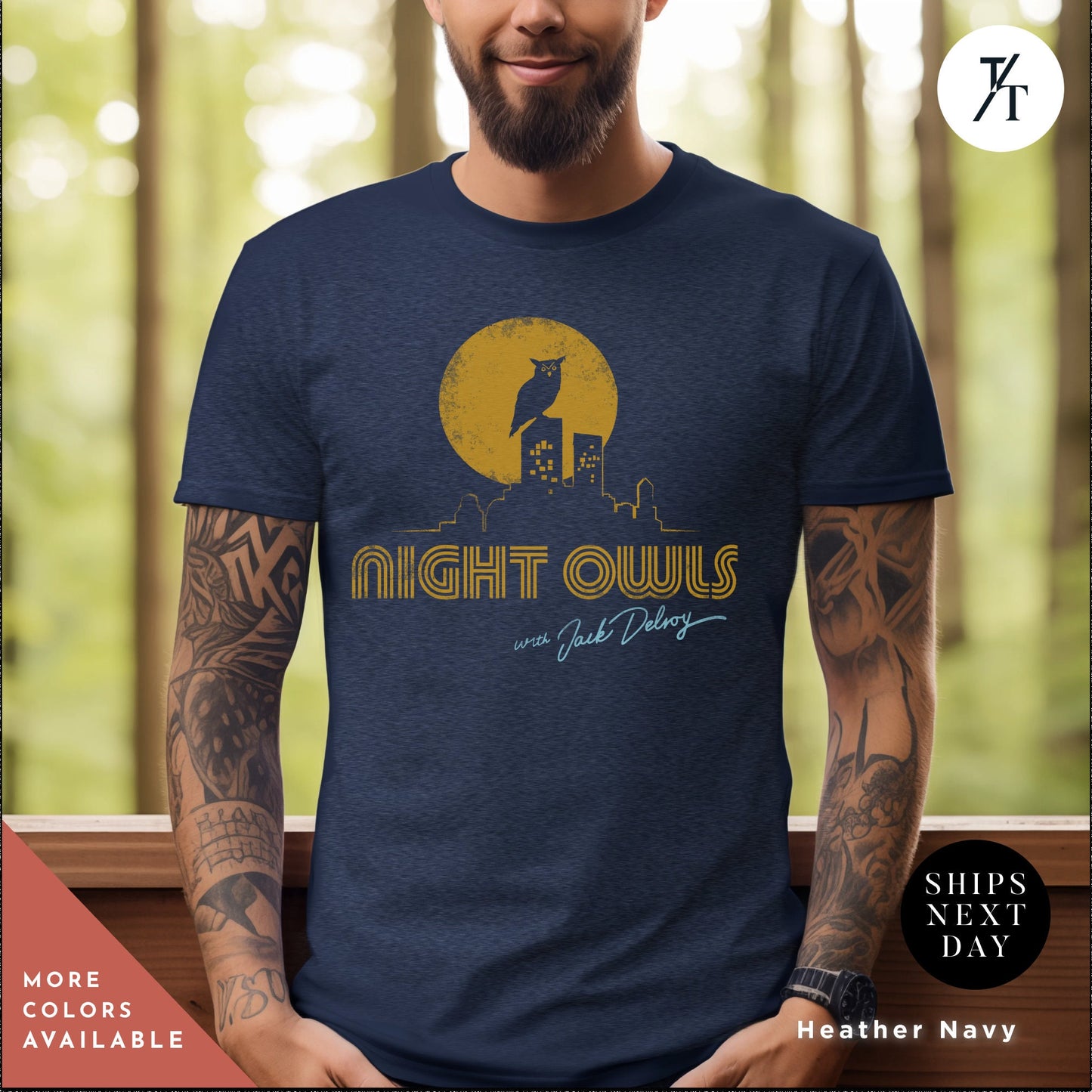 a man with a beard wearing a night owls t - shirt, Late Night with the Devil Shirt, halloween devil t shirt, Jack Delroy, Horror Movie Tee, David Dastmalchian, Night Owl tee, Halloween Tshirt