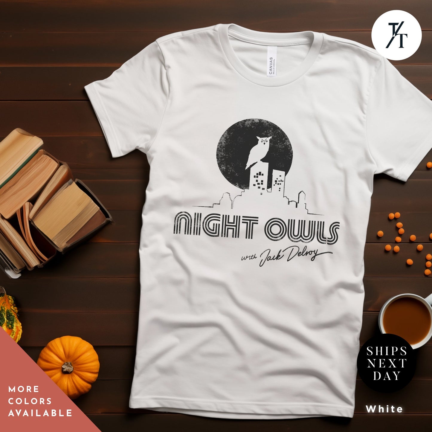 a white t - shirt with the words night owls on it, Late Night with the Devil Shirt, halloween devil t shirt, Jack Delroy, Horror Movie Tee, David Dastmalchian, Night Owl tee, Halloween Tshirt