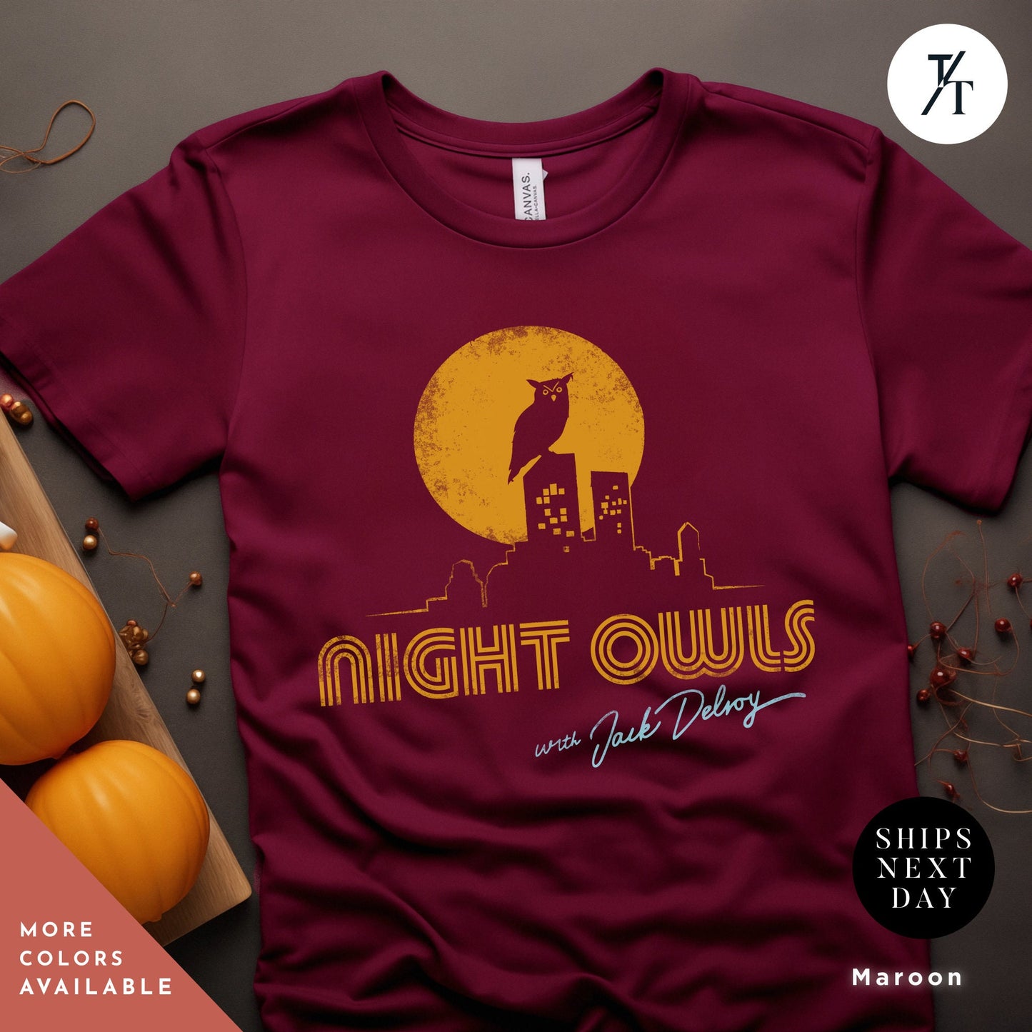 a t - shirt with the words night owls on it, Late Night with the Devil Shirt, halloween devil t shirt, Jack Delroy, Horror Movie Tee, David Dastmalchian, Night Owl tee, Halloween Tshirt