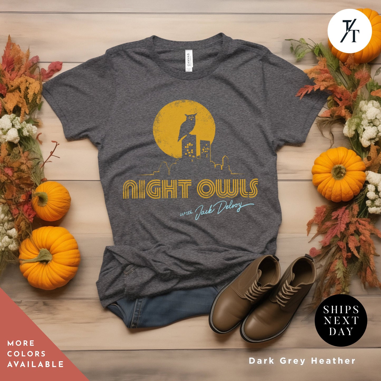 a t - shirt with the words night owls on it, Late Night with the Devil Shirt, halloween devil t shirt, Jack Delroy, Horror Movie Tee, David Dastmalchian, Night Owl tee, Halloween Tshirt