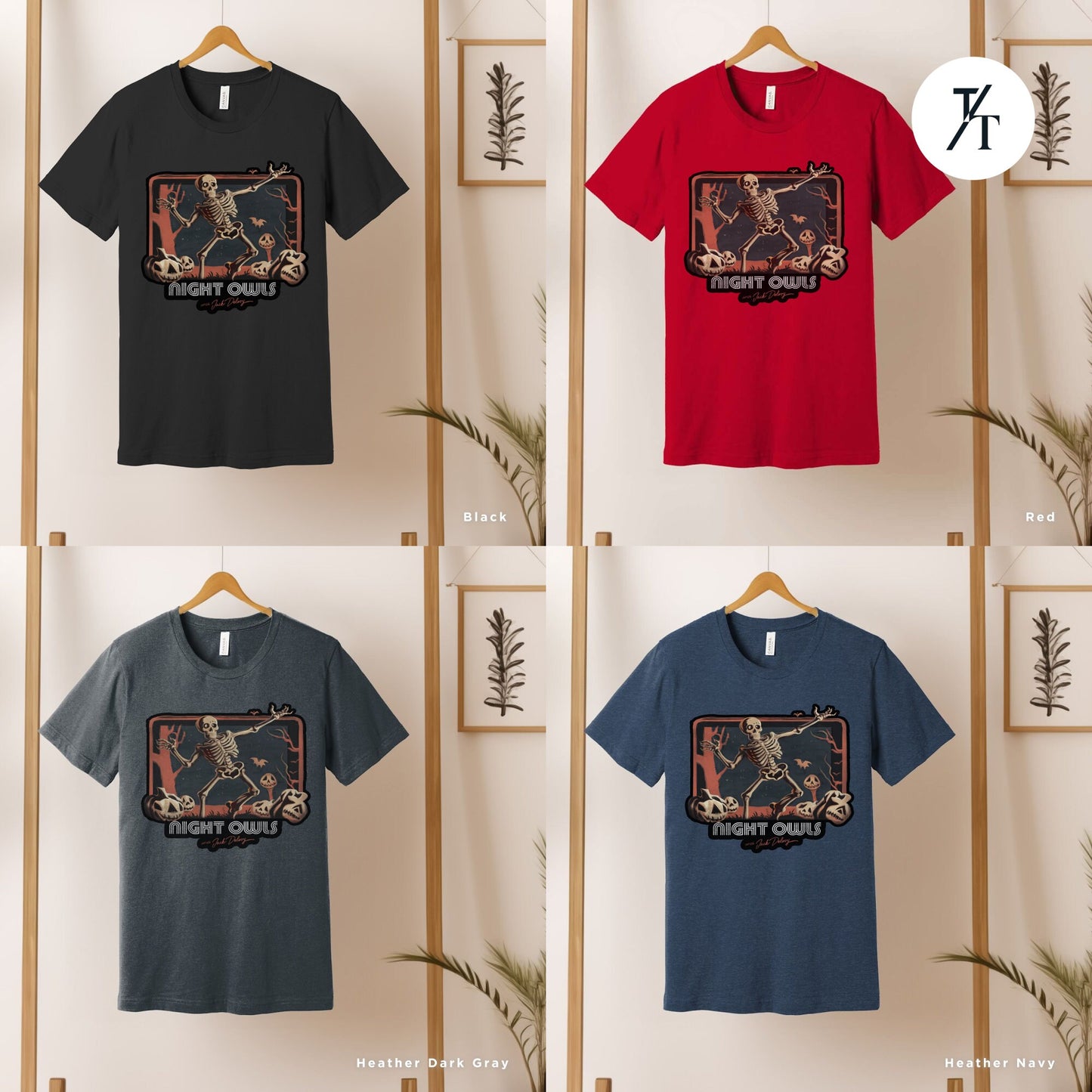 four different t - shirts hanging on a wall, Late Night with the Devil Shirt, halloween devil t shirt, Jack Delroy, Horror Movie Tee, David Dastmalchian, Night Owl tee, Halloween Tshirt