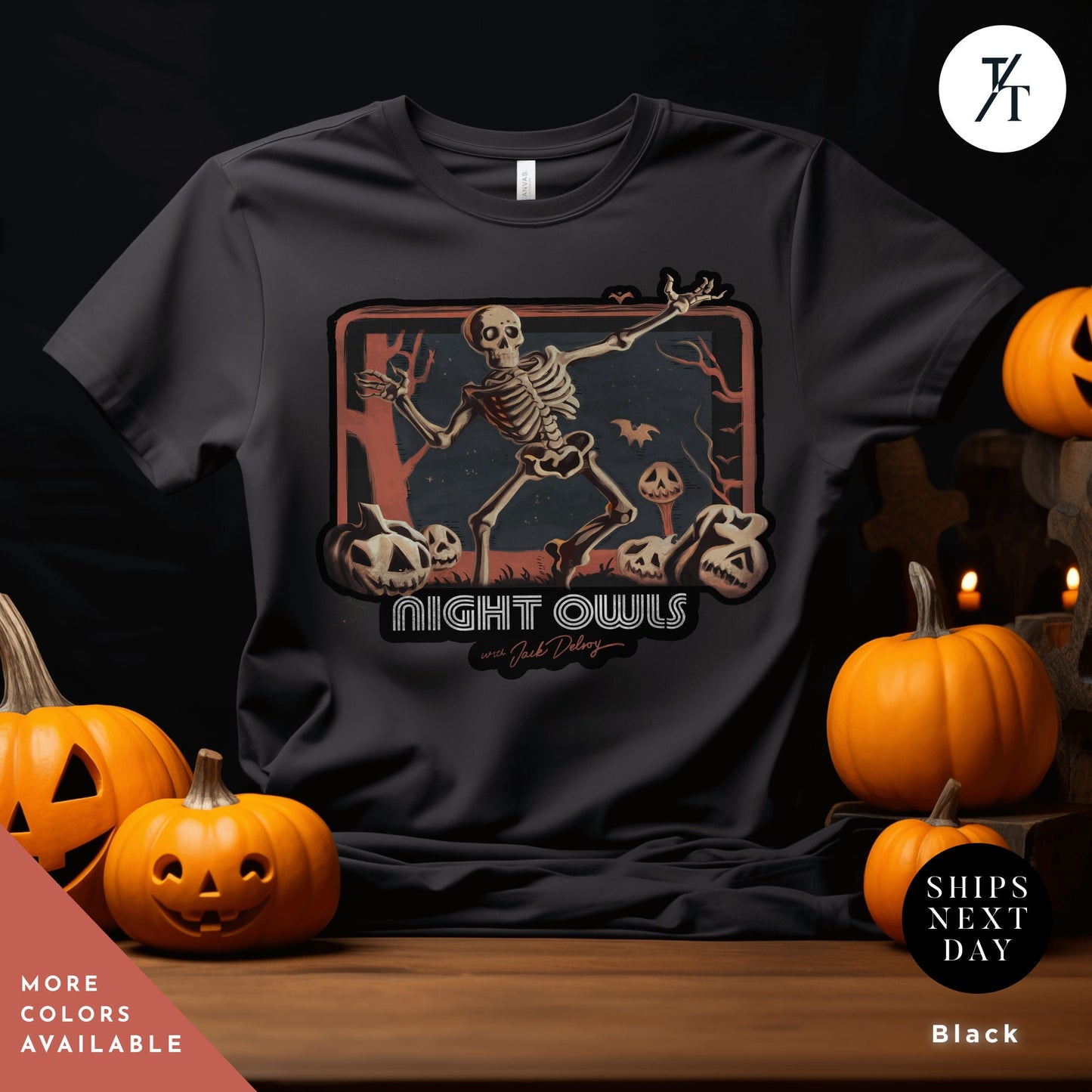 a black t - shirt with a skeleton dancing on it, Late Night with the Devil Shirt, halloween devil t shirt, Jack Delroy, Horror Movie Tee, David Dastmalchian, Night Owl tee, Halloween Tshirt
