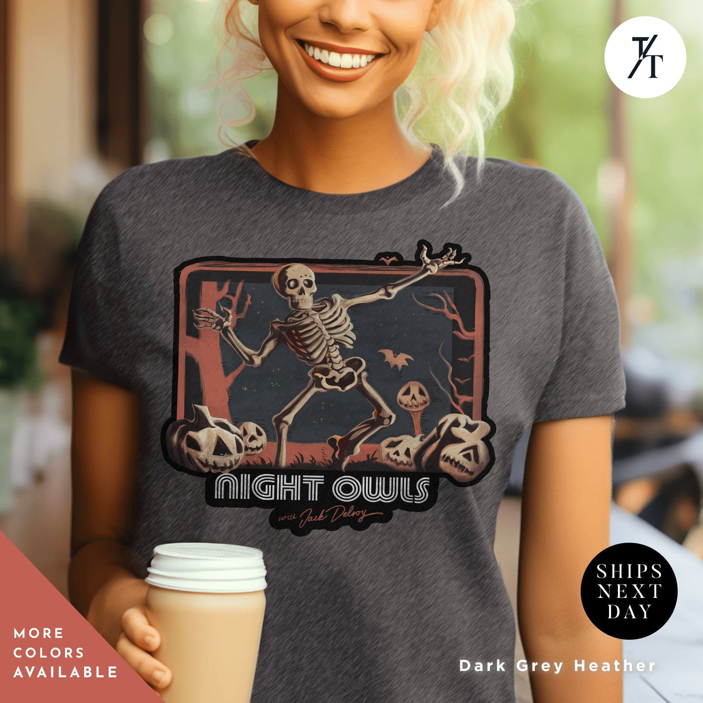 , Late Night with the Devil Shirt, halloween devil t shirt, Jack Delroy, Horror Movie Tee, David Dastmalchian, Night Owl tee, Halloween Tshirta woman holding a cup of coffee with a skeleton on it
