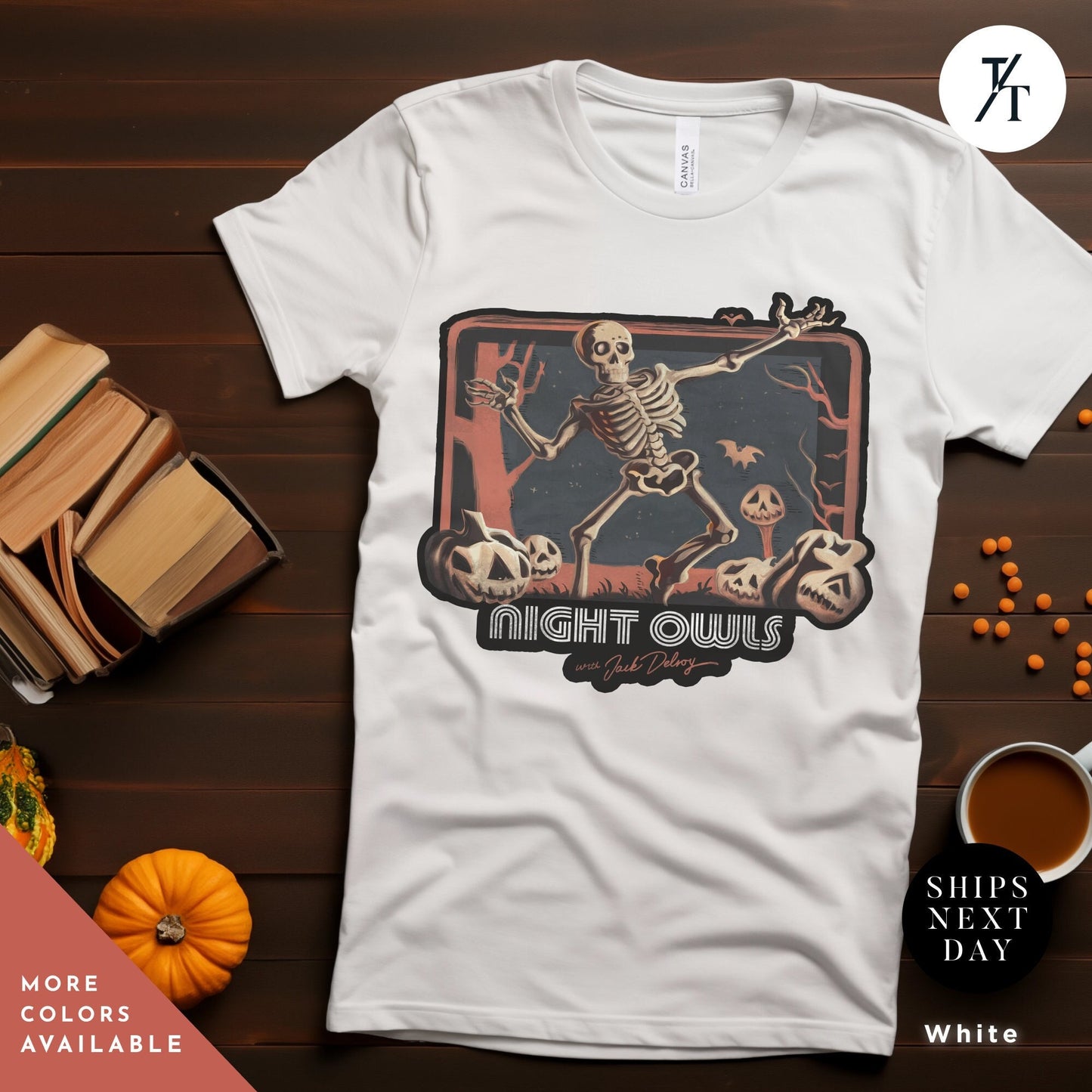 a white t - shirt with a skeleton on it, Late Night with the Devil Shirt, halloween devil t shirt, Jack Delroy, Horror Movie Tee, David Dastmalchian, Night Owl tee, Halloween Tshirt