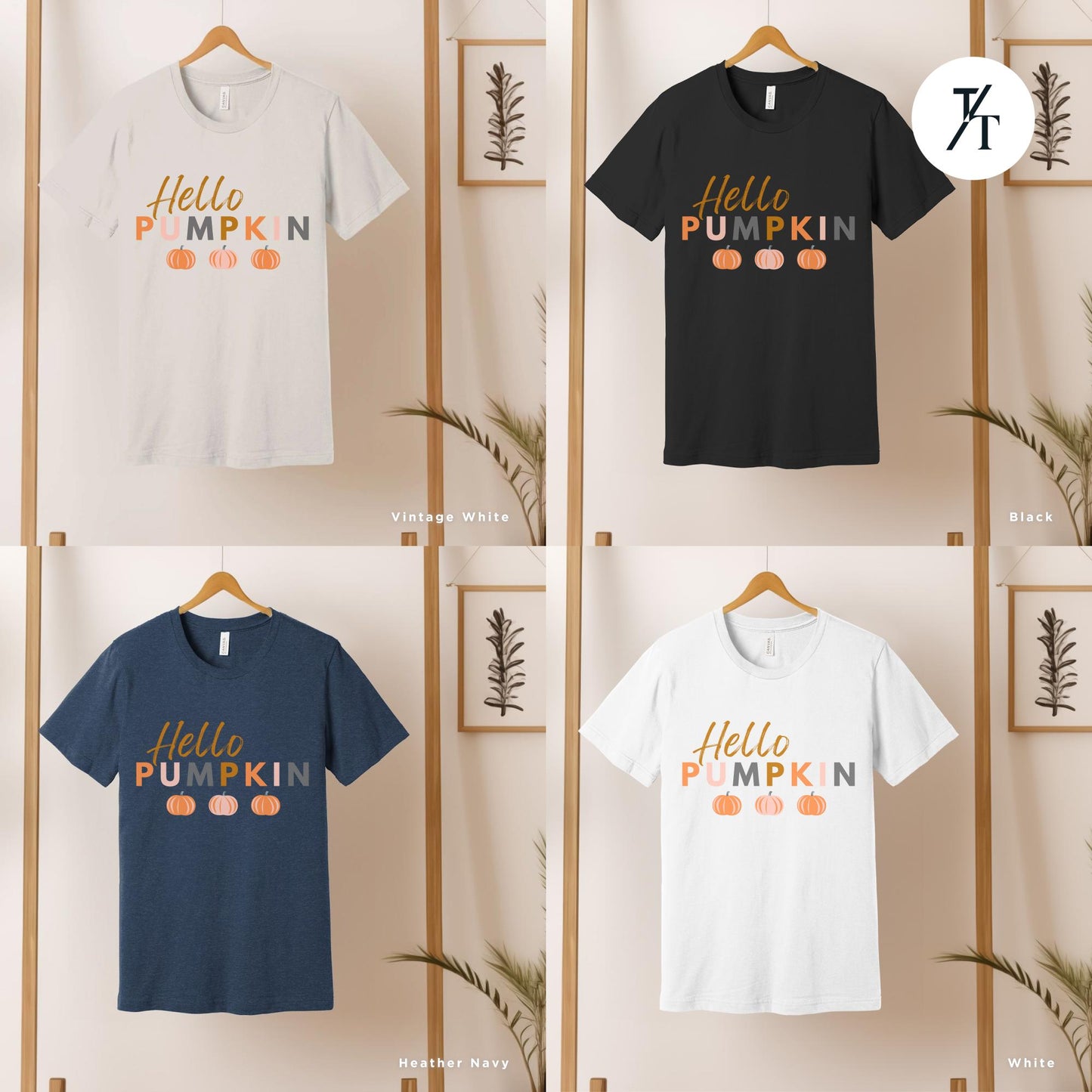 a bunch of t - shirts that are on a rack, Hello Fall Shirt Pumpkin, Hello Pumpkin Patch Shirt, Girly Halloween Tee, Cute Fall Shirt, Spooky Season Gift, Retro Autumn thanksgiving tee