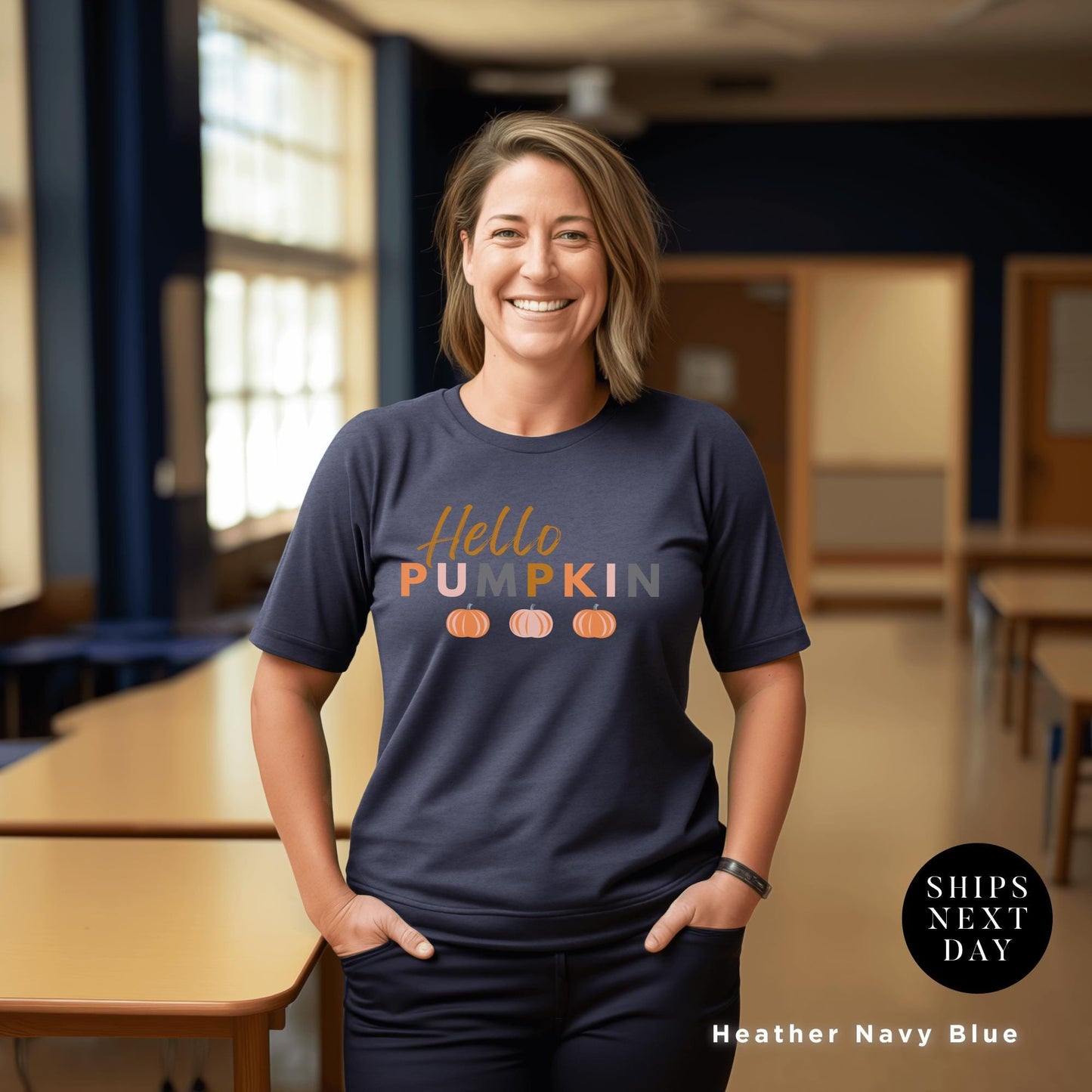 a woman standing in a classroom with her hands on her hips, Hello Fall Shirt Pumpkin, Hello Pumpkin Patch Shirt, Girly Halloween Tee, Cute Fall Shirt, Spooky Season Gift, Retro Autumn thanksgiving tee