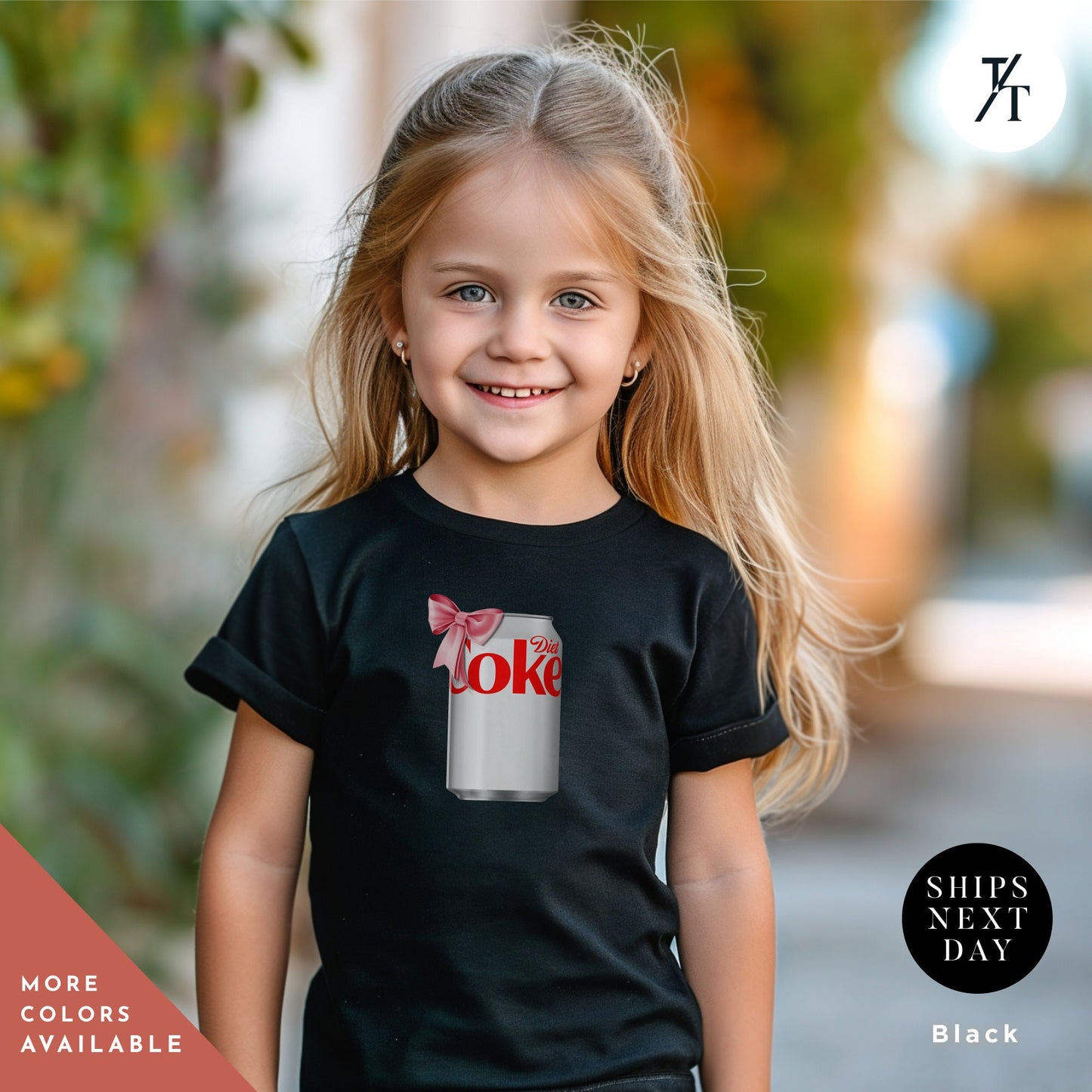 a little girl wearing a black shirt with a coke can on it, Running on Diet Coke Shirt for Kids, Girl's Trendy Pink Bow Diet Coke Can tee, Children's youth Back To School Shirt, Kids Coca Cola T-Shirt