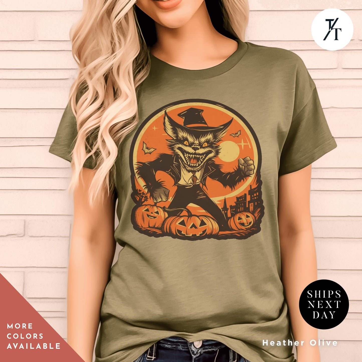 a woman wearing a t - shirt with an image of a werewolf wearing a hat, Trendy shirt werewolf retro Halloween wolf shirt, Vintage Halloween Tee, Scary Werewolf Monster Tshirt, Halloween Crewneck Gift For Him