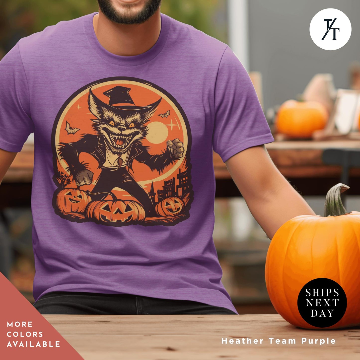 a man wearing a purple shirt with a picture of a werewolf on it, Trendy shirt werewolf retro Halloween wolf shirt, Vintage Halloween Tee, Scary Werewolf Monster Tshirt, Halloween Crewneck Gift For Him