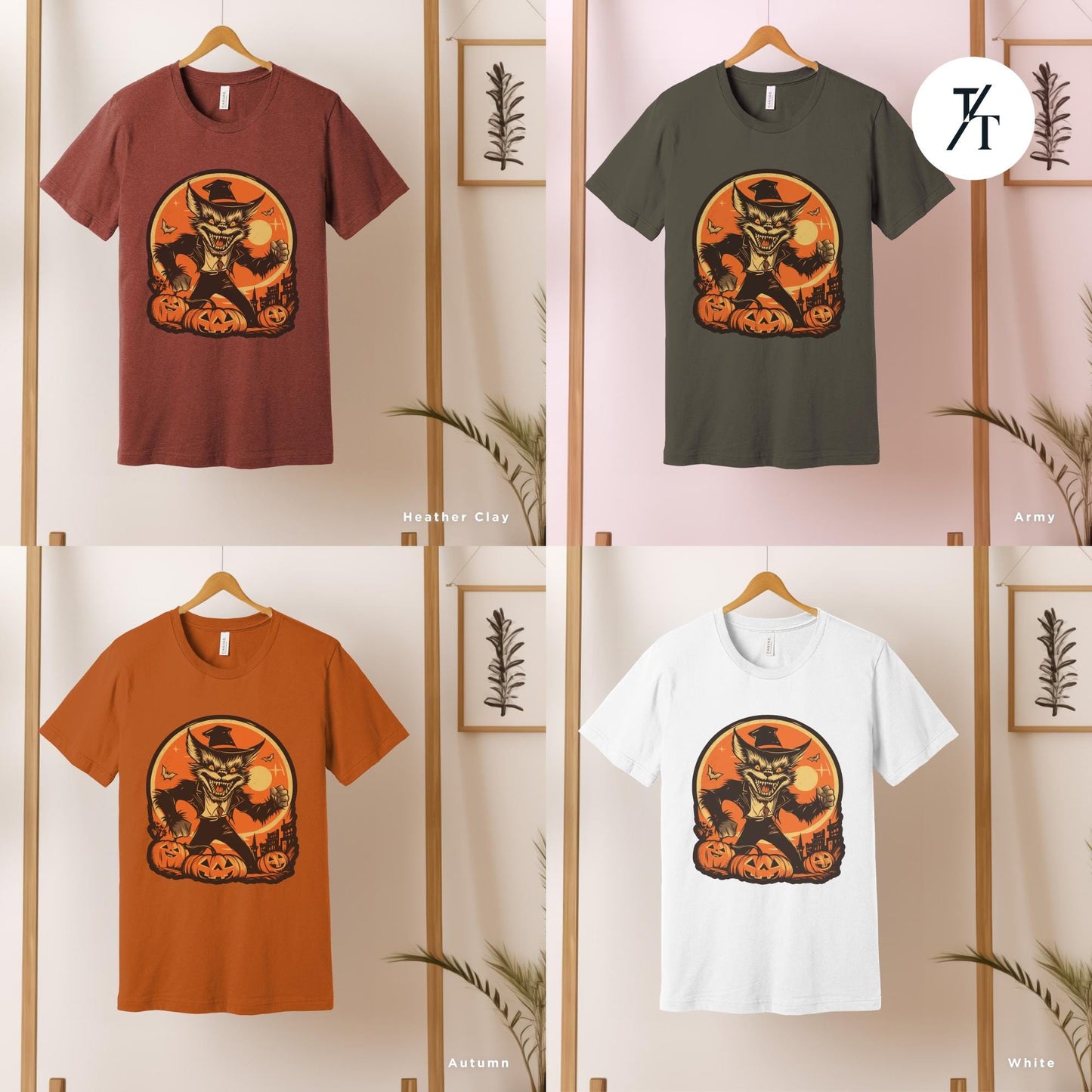 a group of t - shirts hanging on a rack, Trendy shirt werewolf retro Halloween wolf shirt, Vintage Halloween Tee, Scary Werewolf Monster Tshirt, Halloween Crewneck Gift For Him