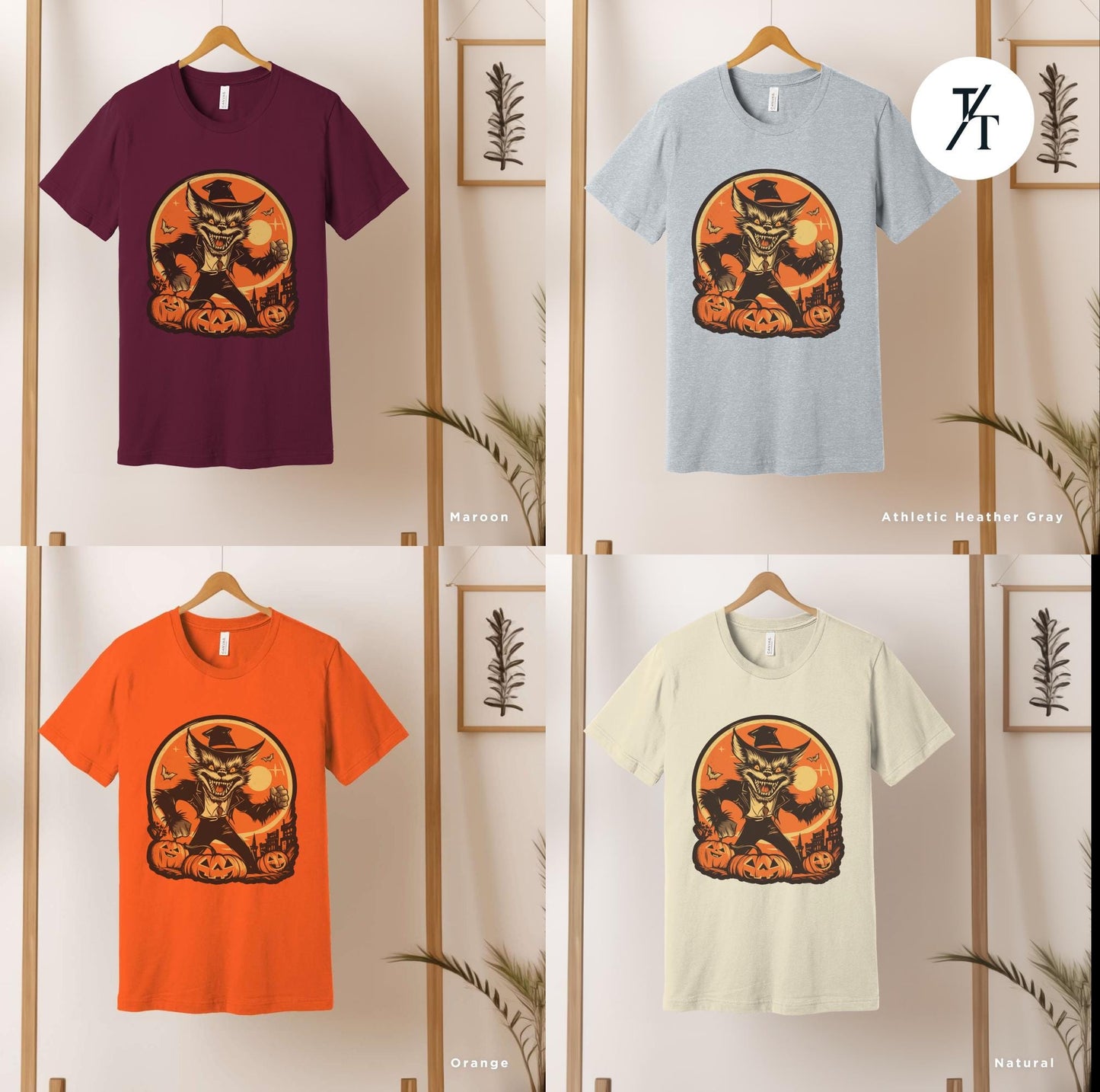 four t - shirts with a picture of a werewolf and a pumpkin, Trendy shirt werewolf retro Halloween wolf shirt, Vintage Halloween Tee, Scary Werewolf Monster Tshirt, Halloween Crewneck Gift For Him