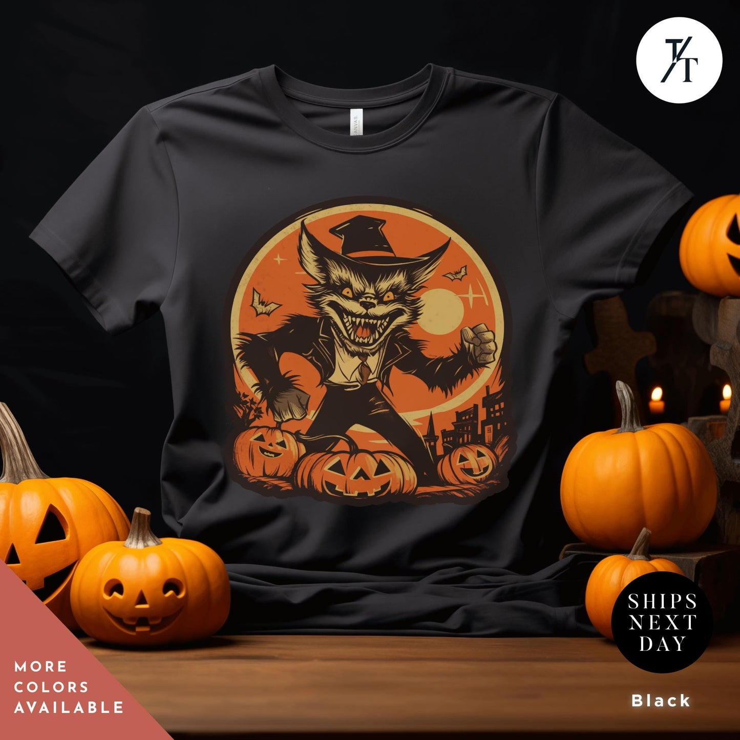 a black t - shirt with an image of a werewolf, Trendy shirt werewolf retro Halloween wolf shirt, Vintage Halloween Tee, Scary Werewolf Monster Tshirt, Halloween Crewneck Gift For Him